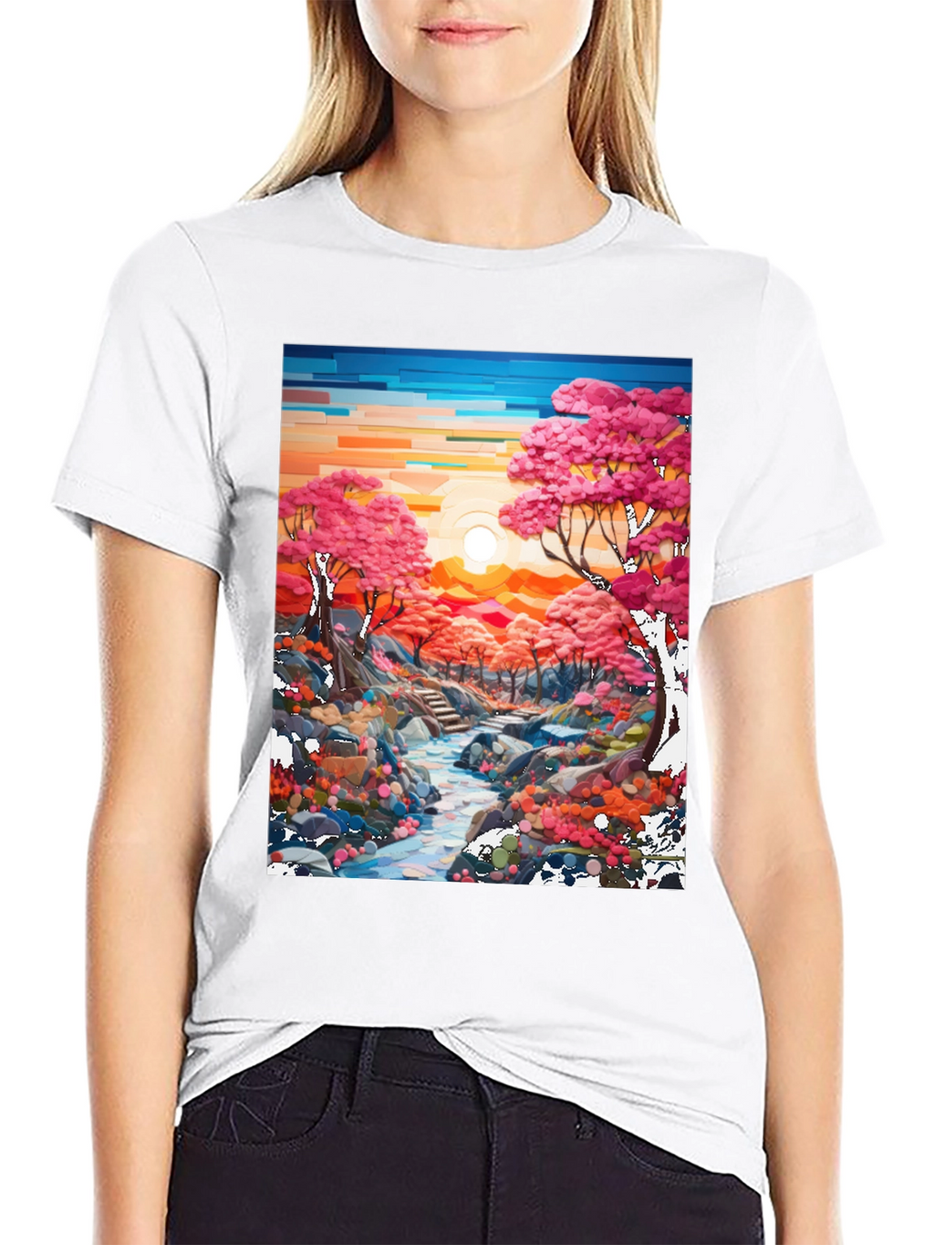 Cherry Blossom Stream Black T-Shirt