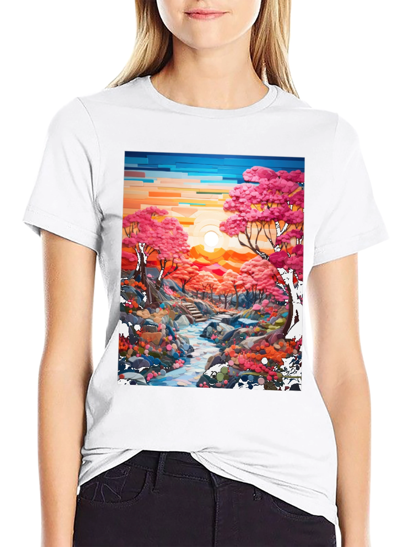 Cherry Blossom Stream Black T-Shirt