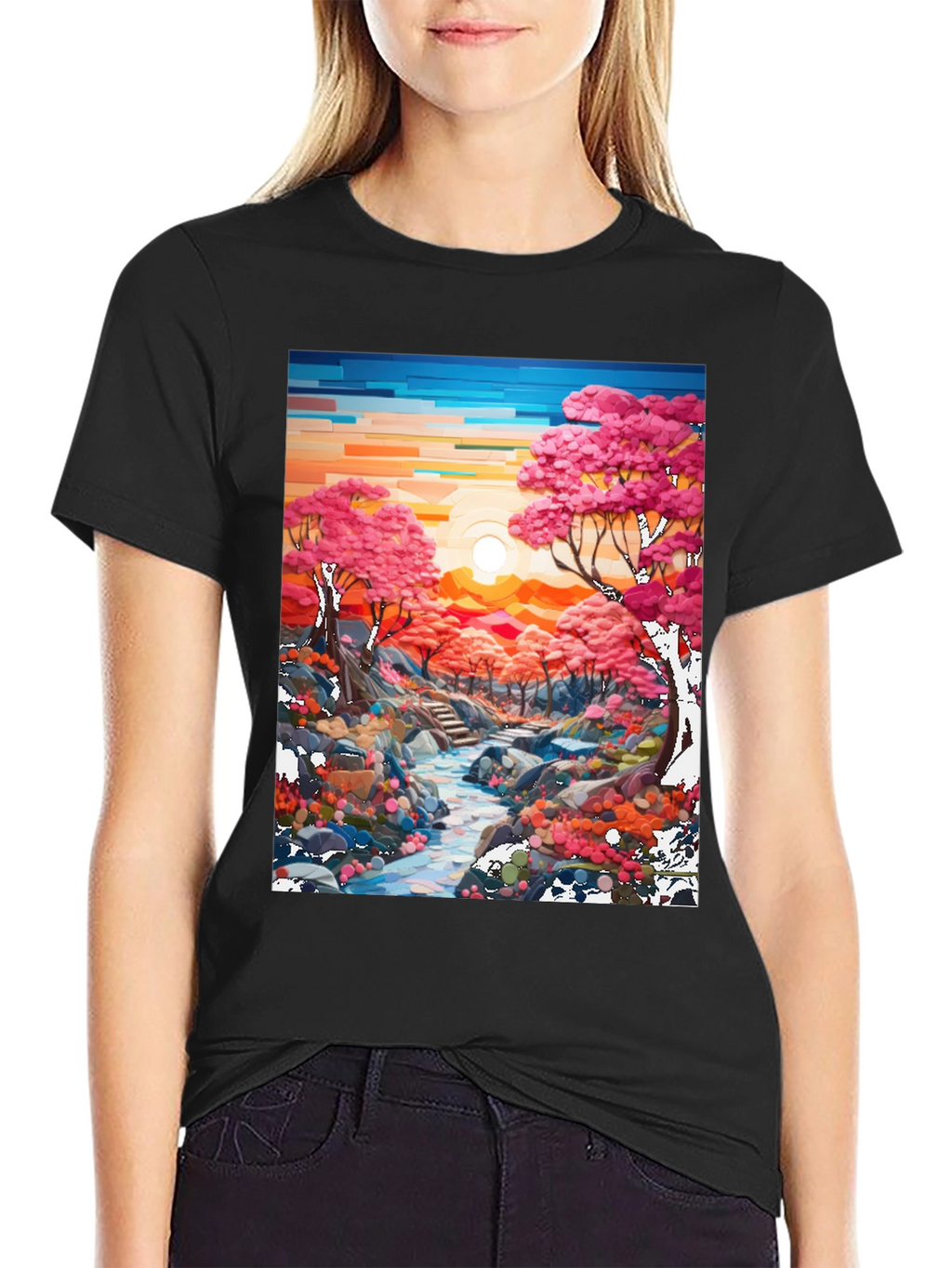 Cherry Blossom Stream Black T-Shirt