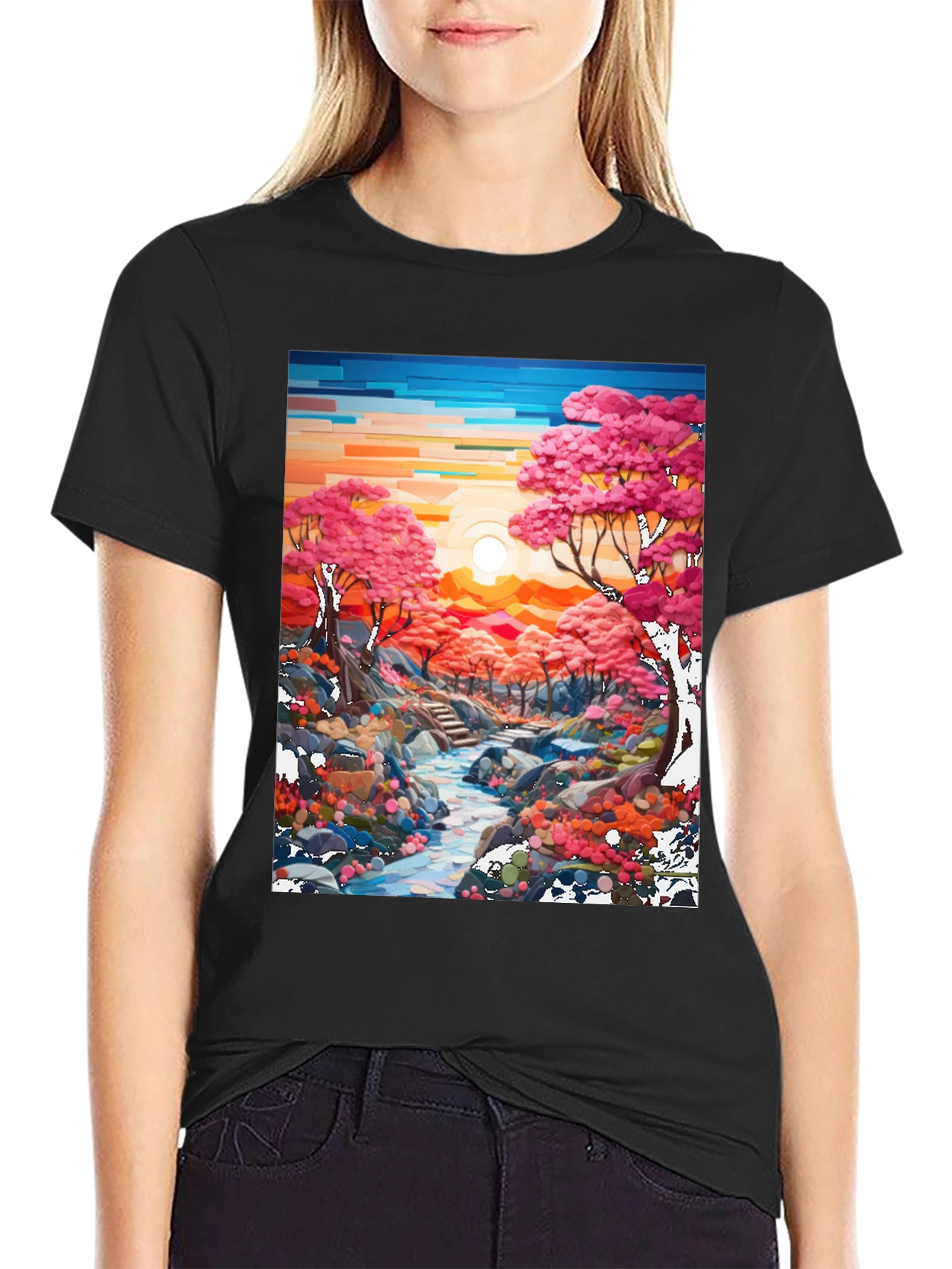 Cherry Blossom Stream Black T-Shirt