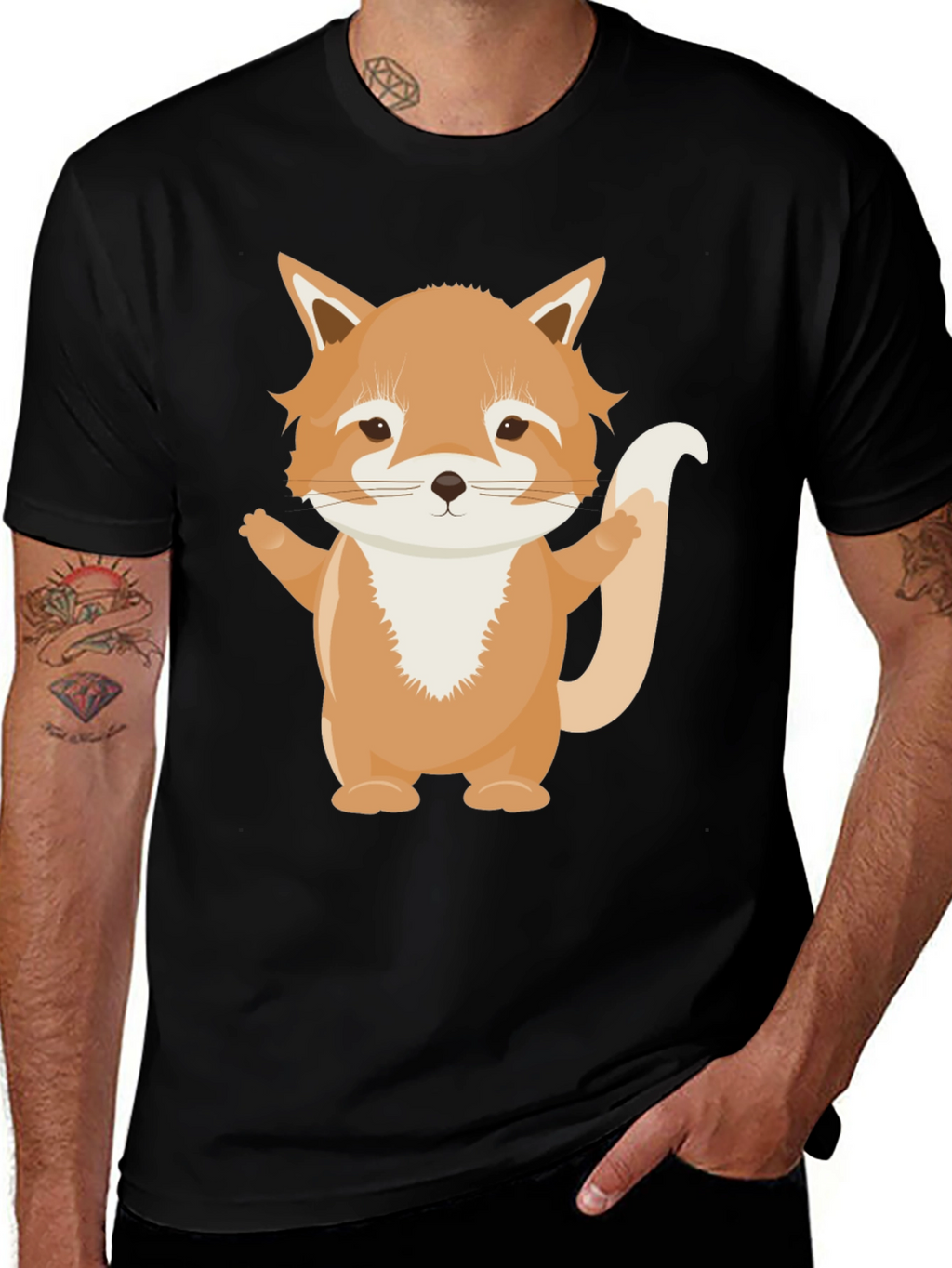 Cute Cartoon Fox Black T-Shirt