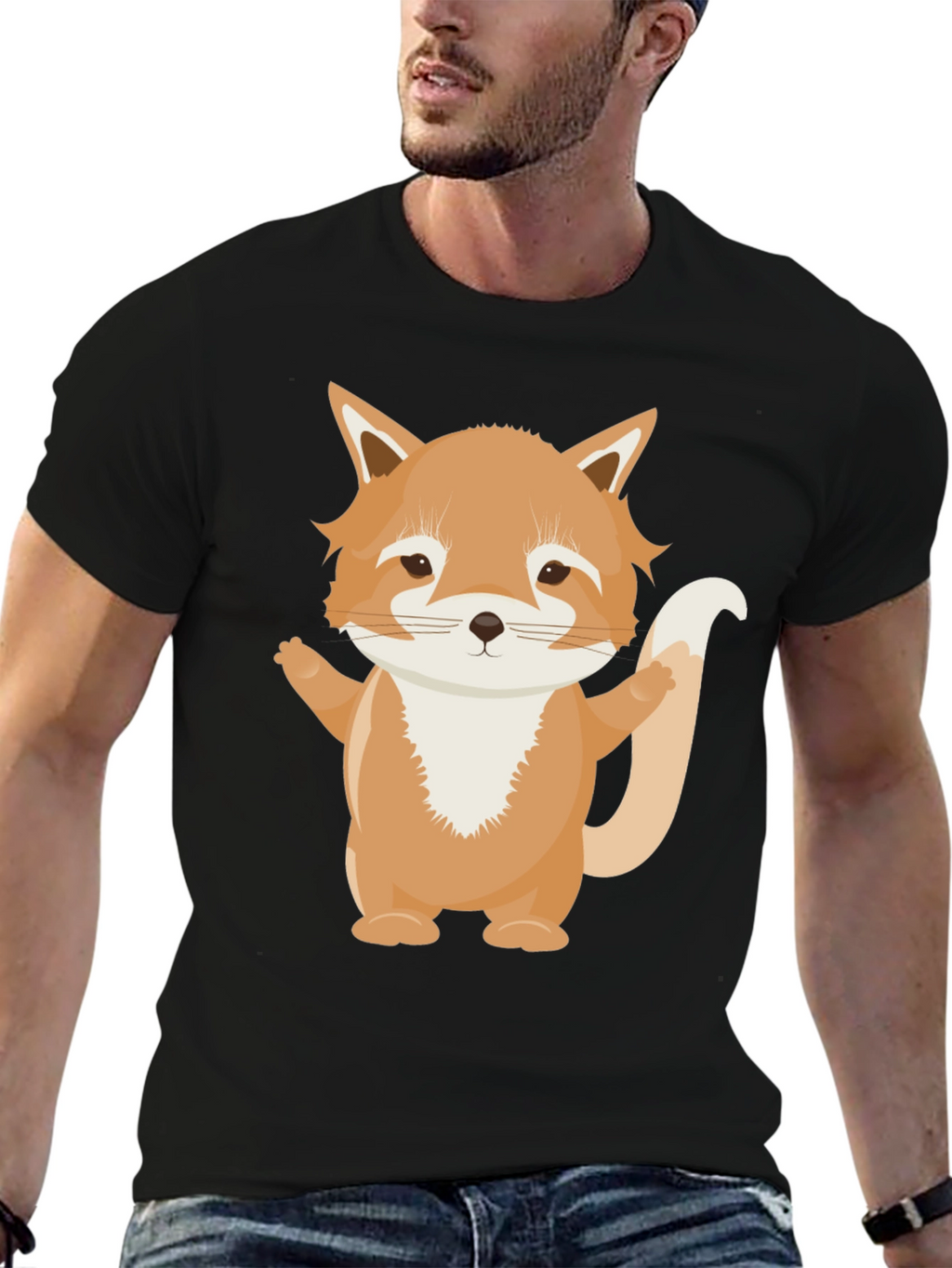 Cute Cartoon Fox Black T-Shirt