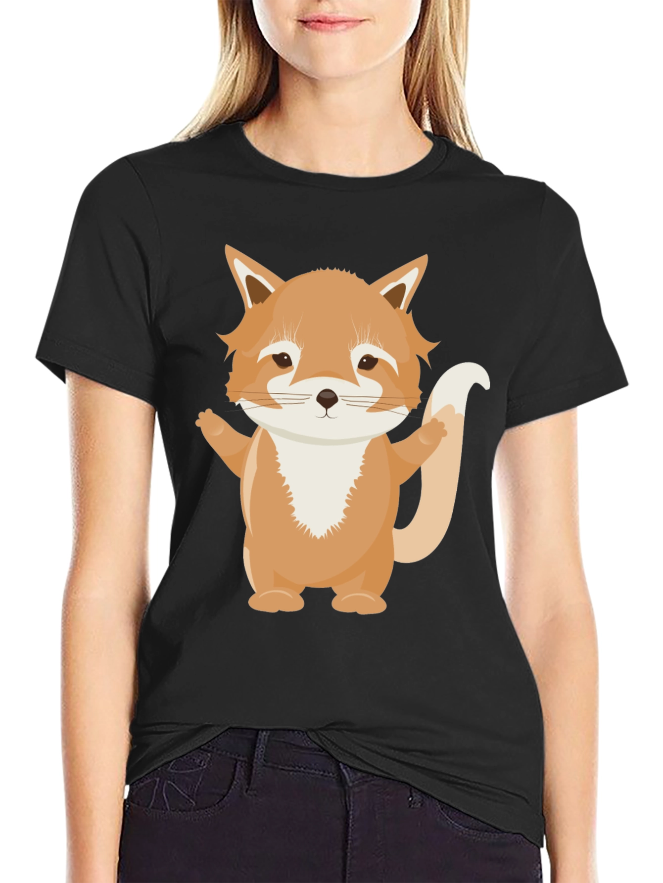 Cute Cartoon Fox Black T-Shirt