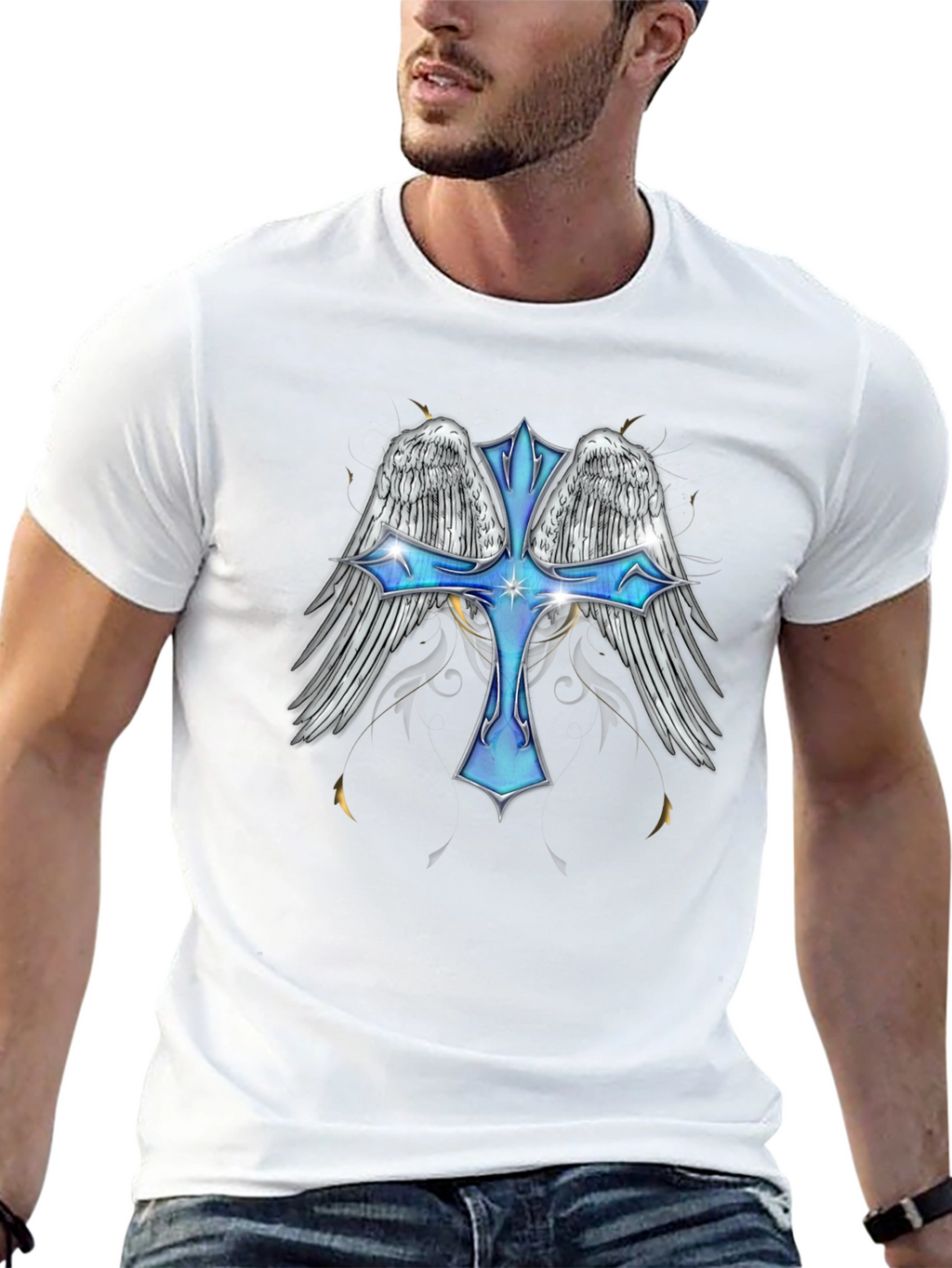 Angel Wings Cross Graphic T-Shirt - Black