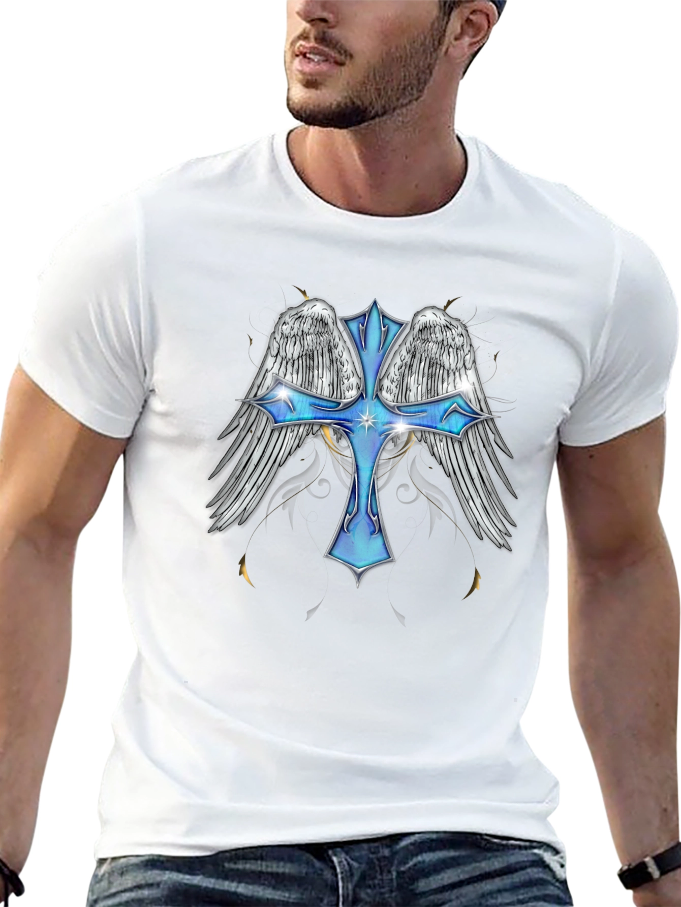 Angel Wings Cross Graphic T-Shirt - Black