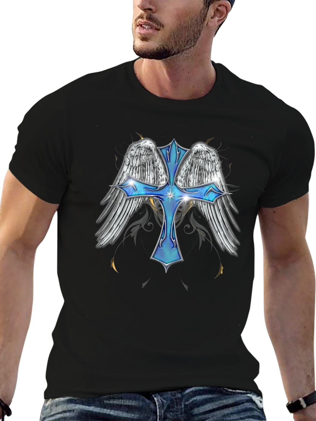 Angel Wings Cross Graphic T-Shirt - Black