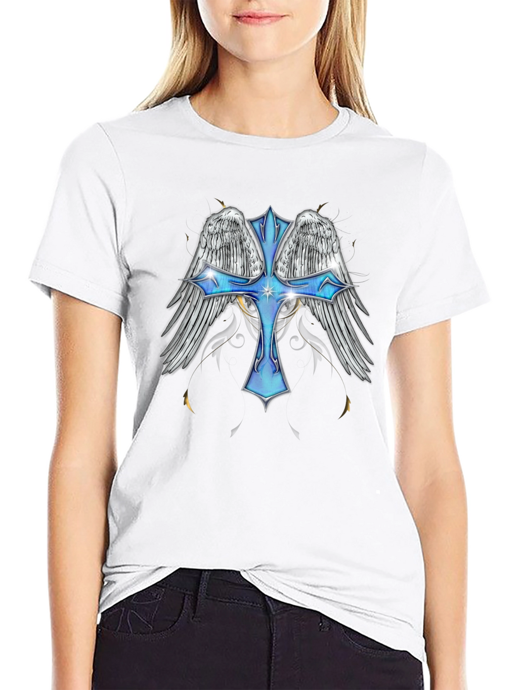 Angel Wings Cross Graphic T-Shirt - Black