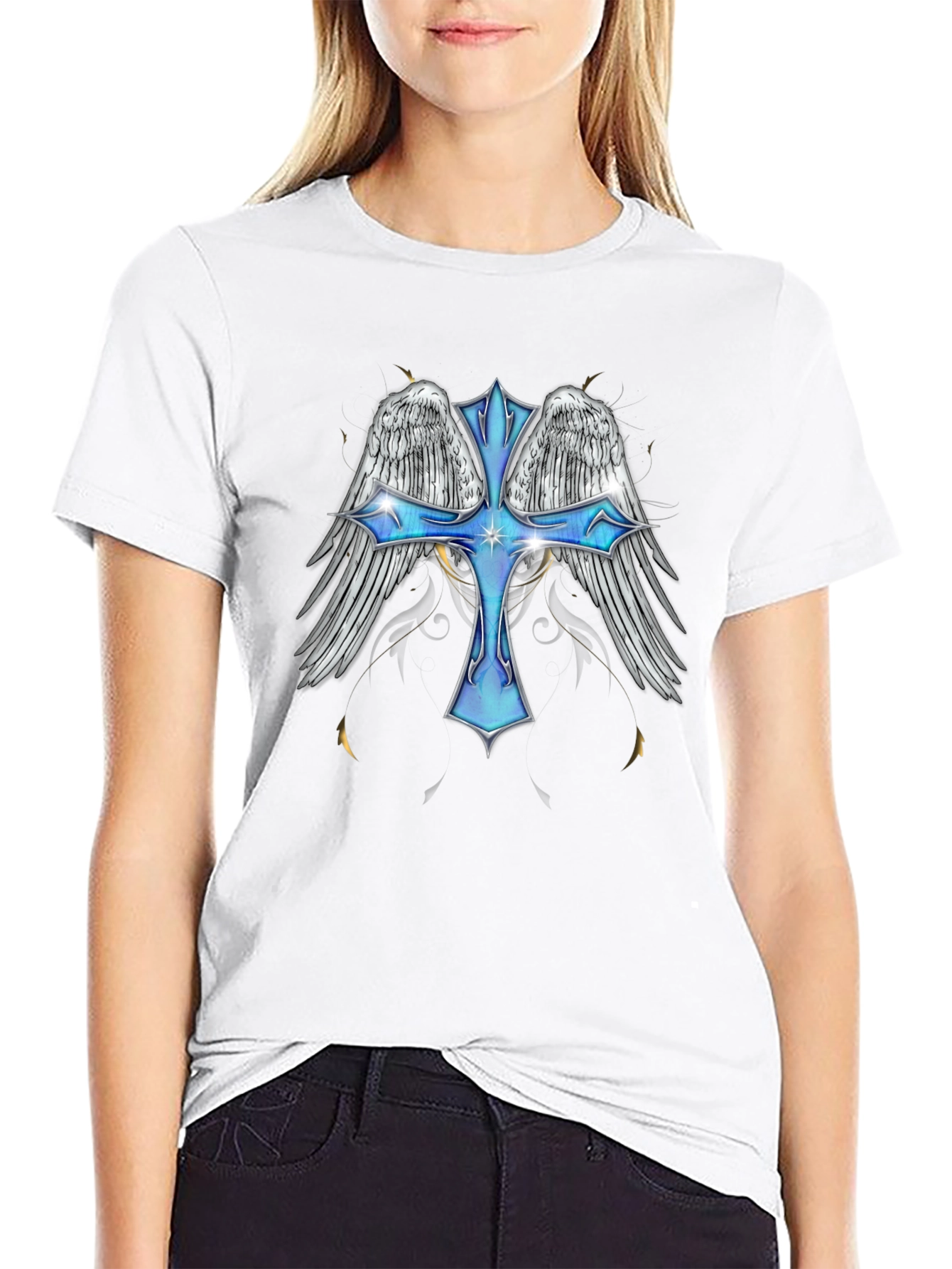 Angel Wings Cross Graphic T-Shirt - Black