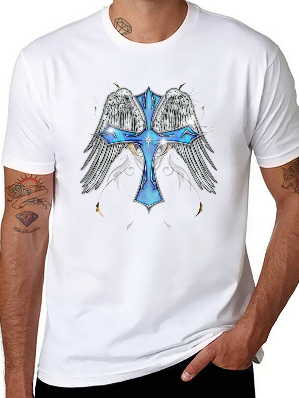 Angel Wings Cross Graphic T-Shirt - Black
