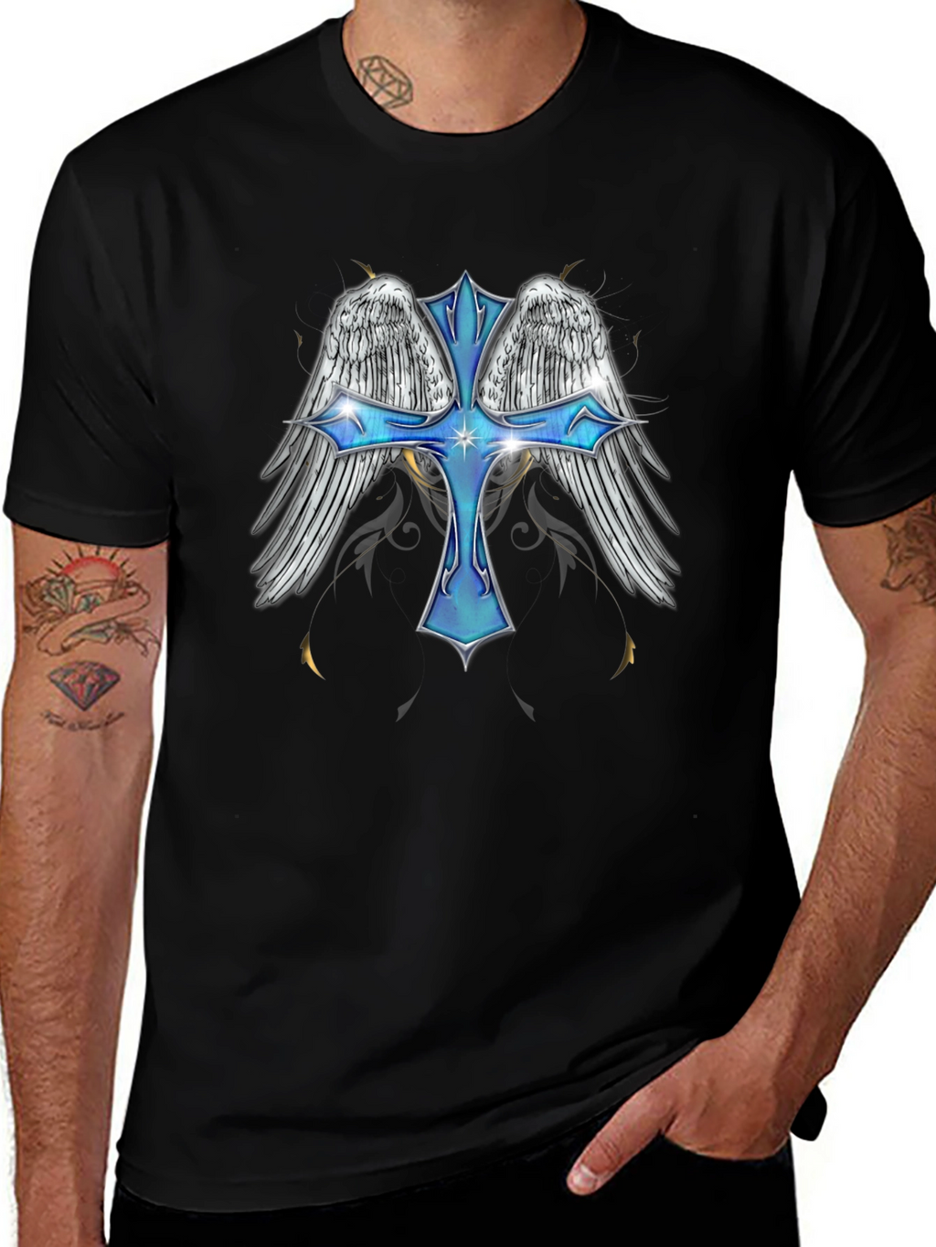 Angel Wings Cross Graphic T-Shirt - Black