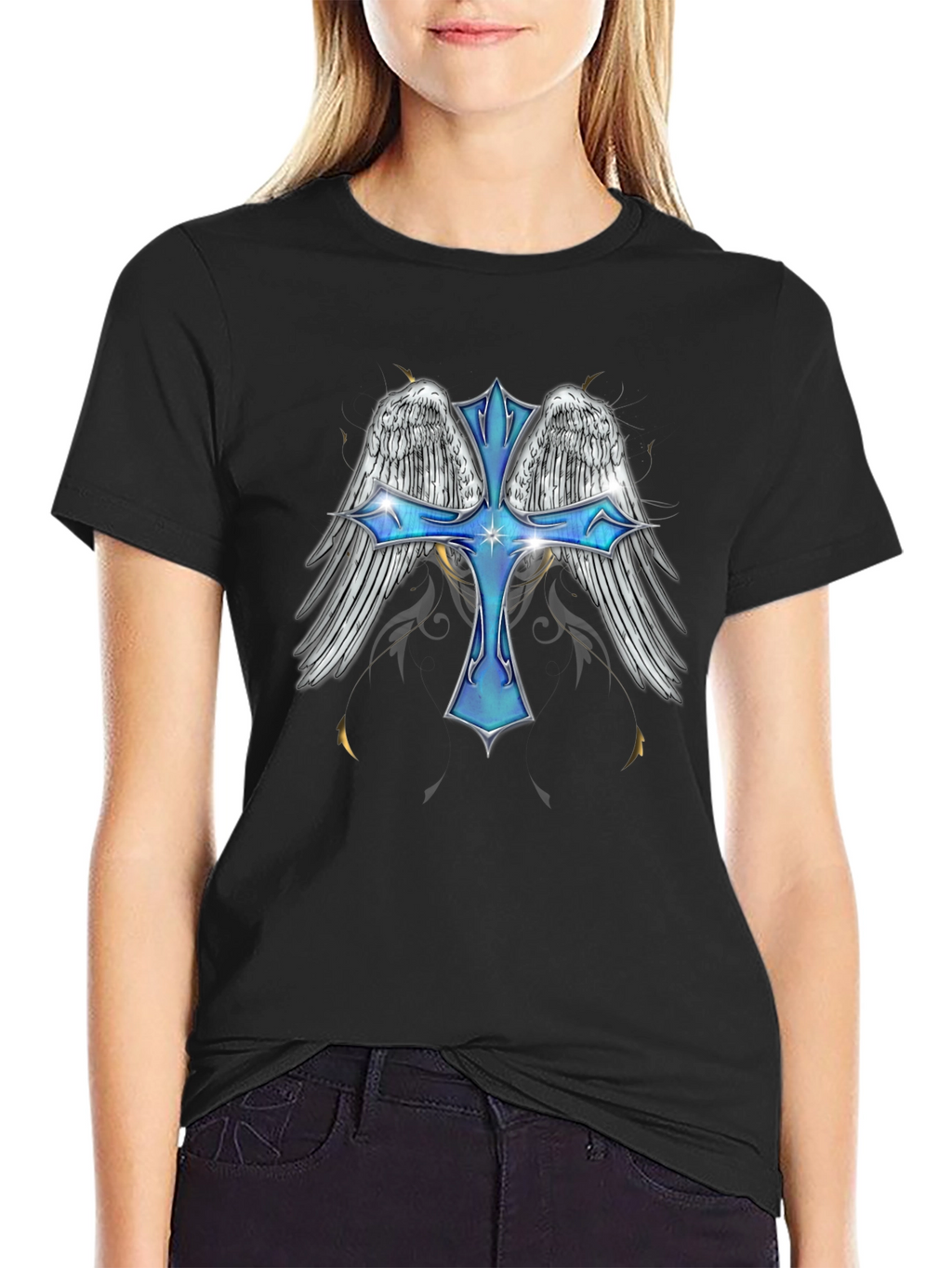 Angel Wings Cross Graphic T-Shirt - Black