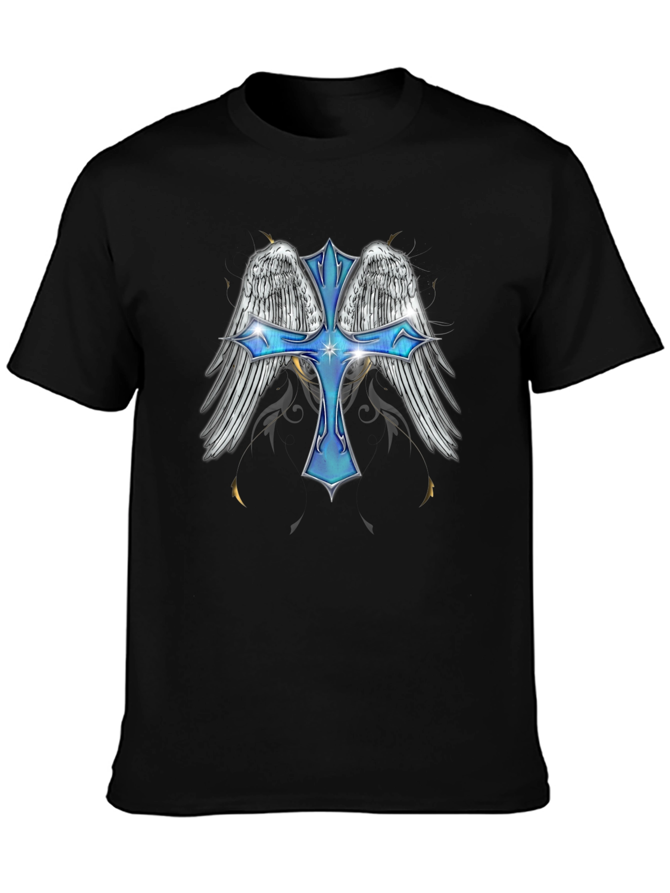 Angel Wings Cross Graphic T-Shirt - Black