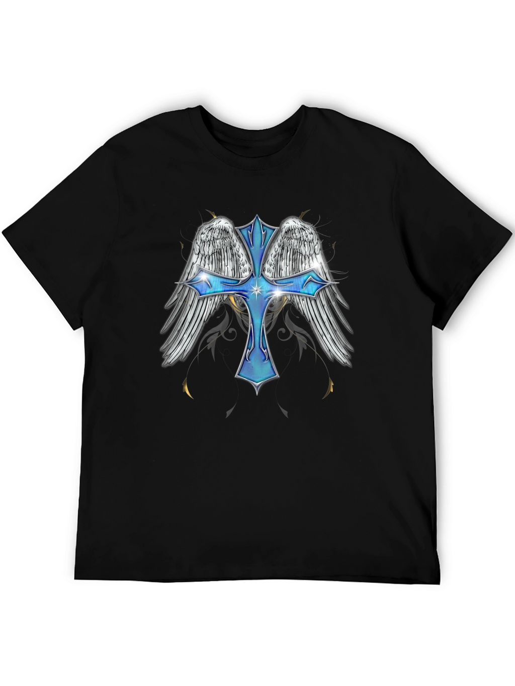 Angel Wings Cross Graphic T-Shirt - Black