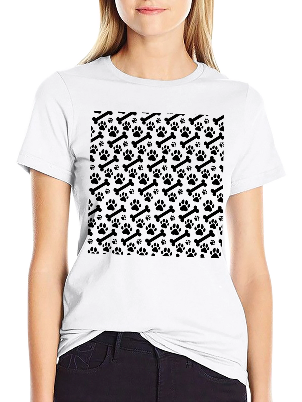 Black Dog Paw & Bone Pattern T-Shirt