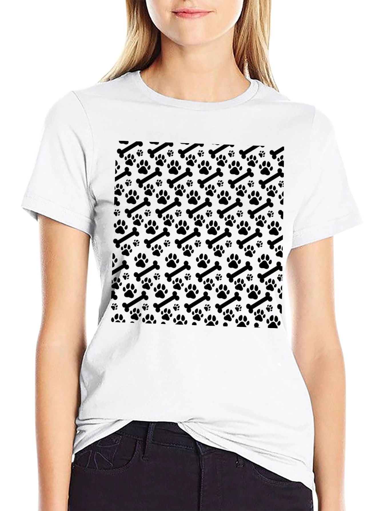 Black Dog Paw & Bone Pattern T-Shirt