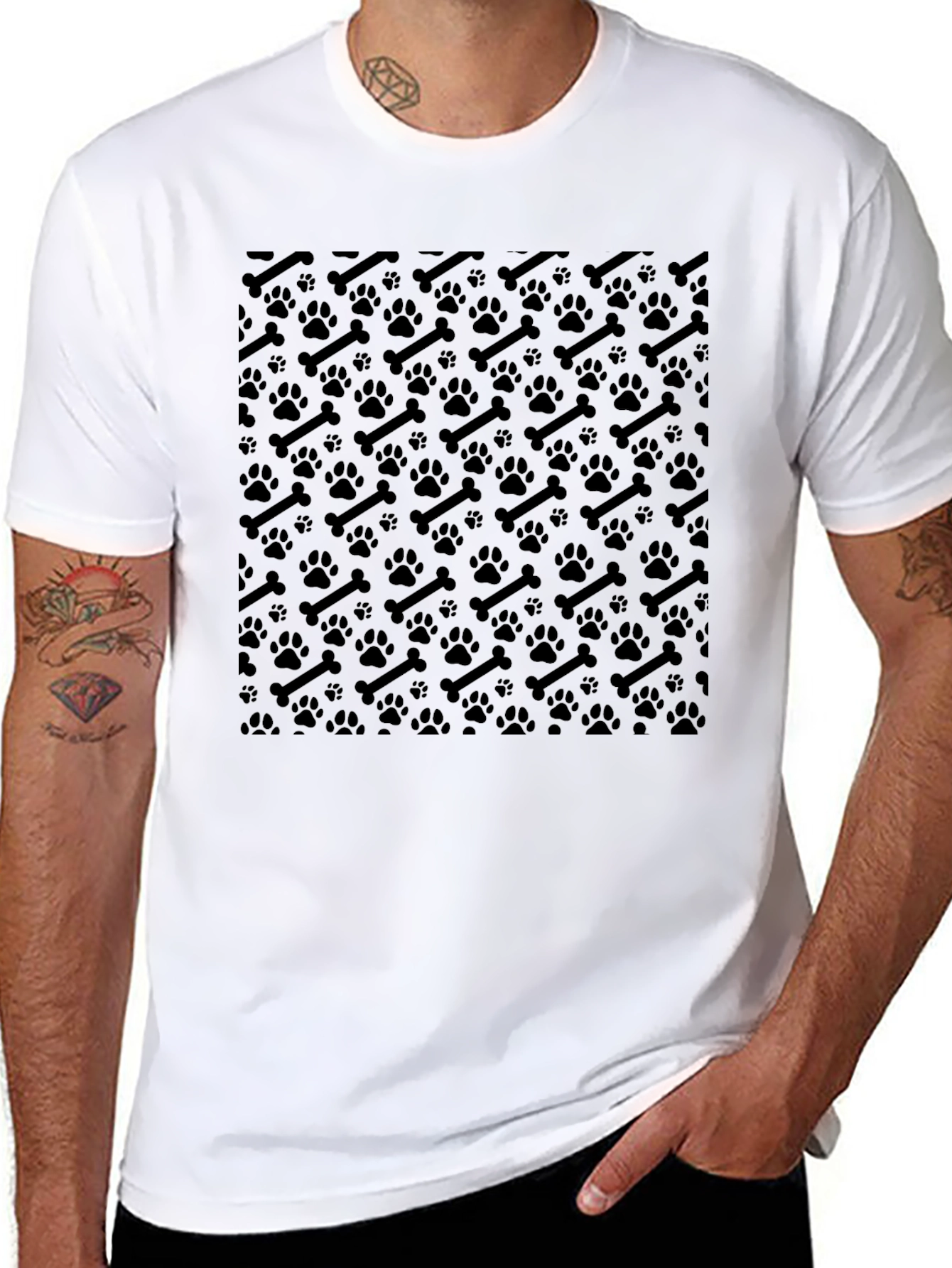 Black Dog Paw & Bone Pattern T-Shirt