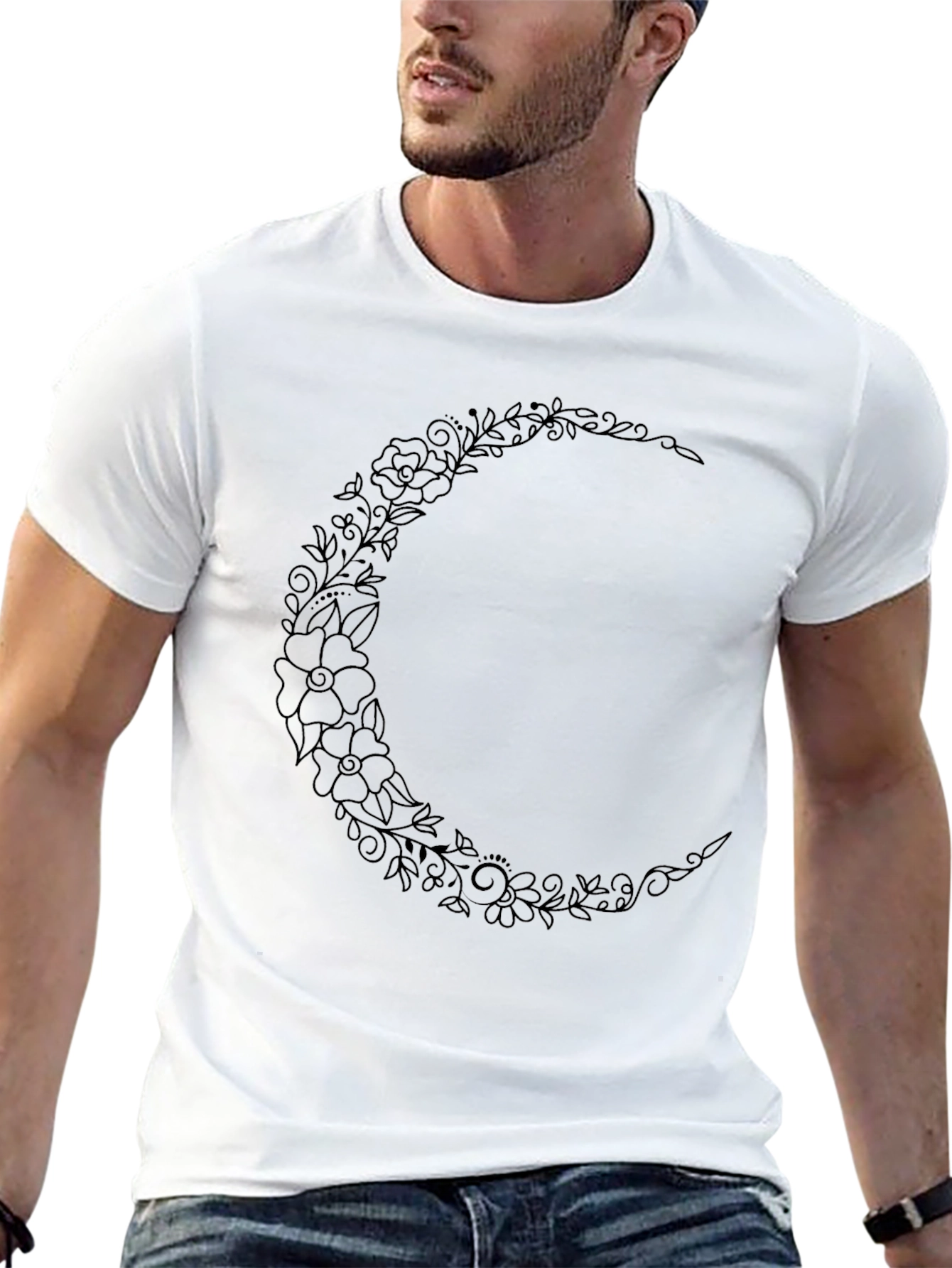 Floral Crescent Moon Graphic Tee - Black Cotton Shirt
