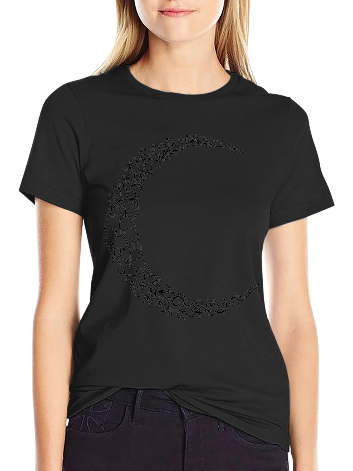 Floral Crescent Moon Graphic Tee - Black Cotton Shirt