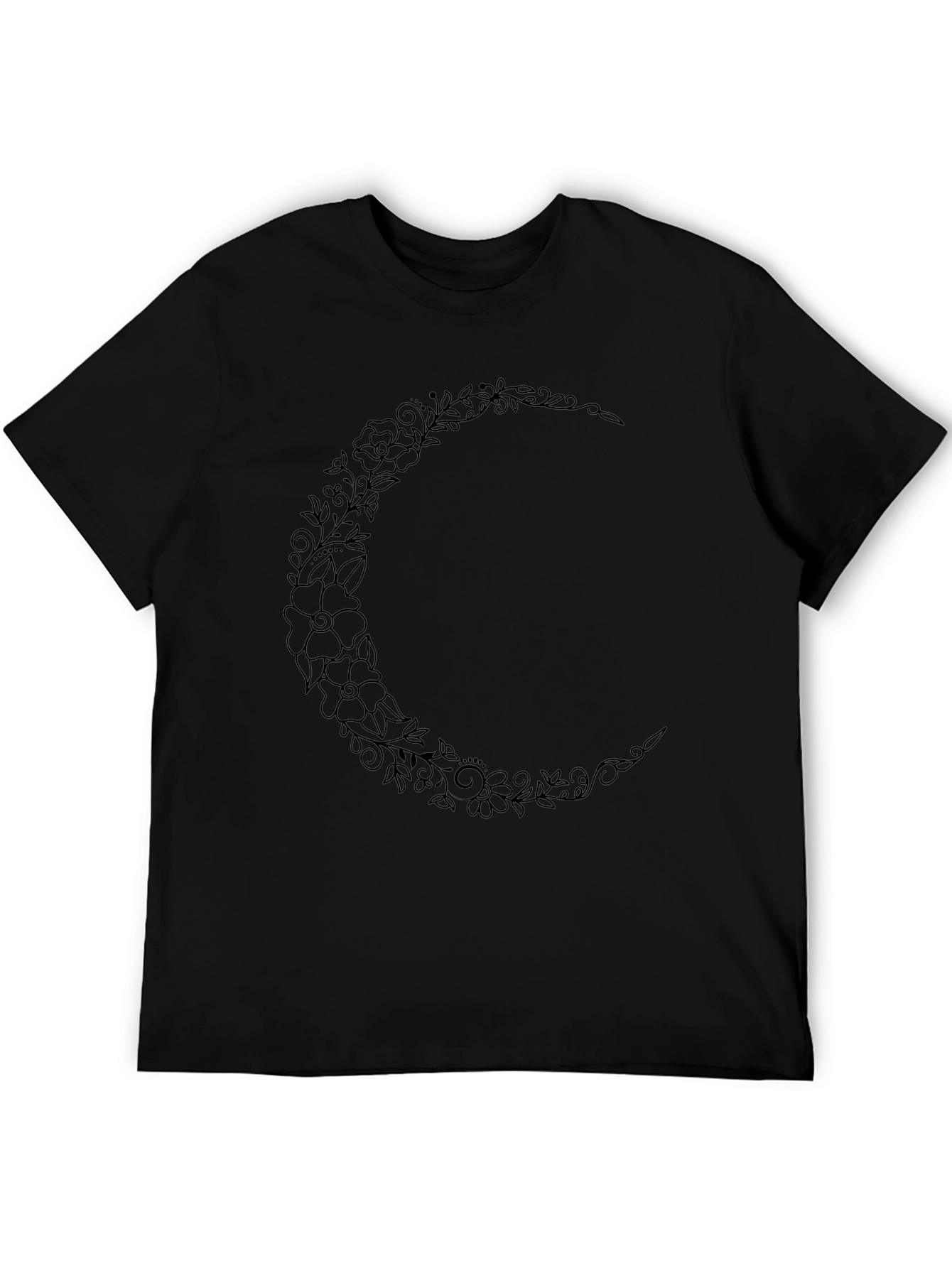 Floral Crescent Moon Graphic Tee - Black Cotton Shirt