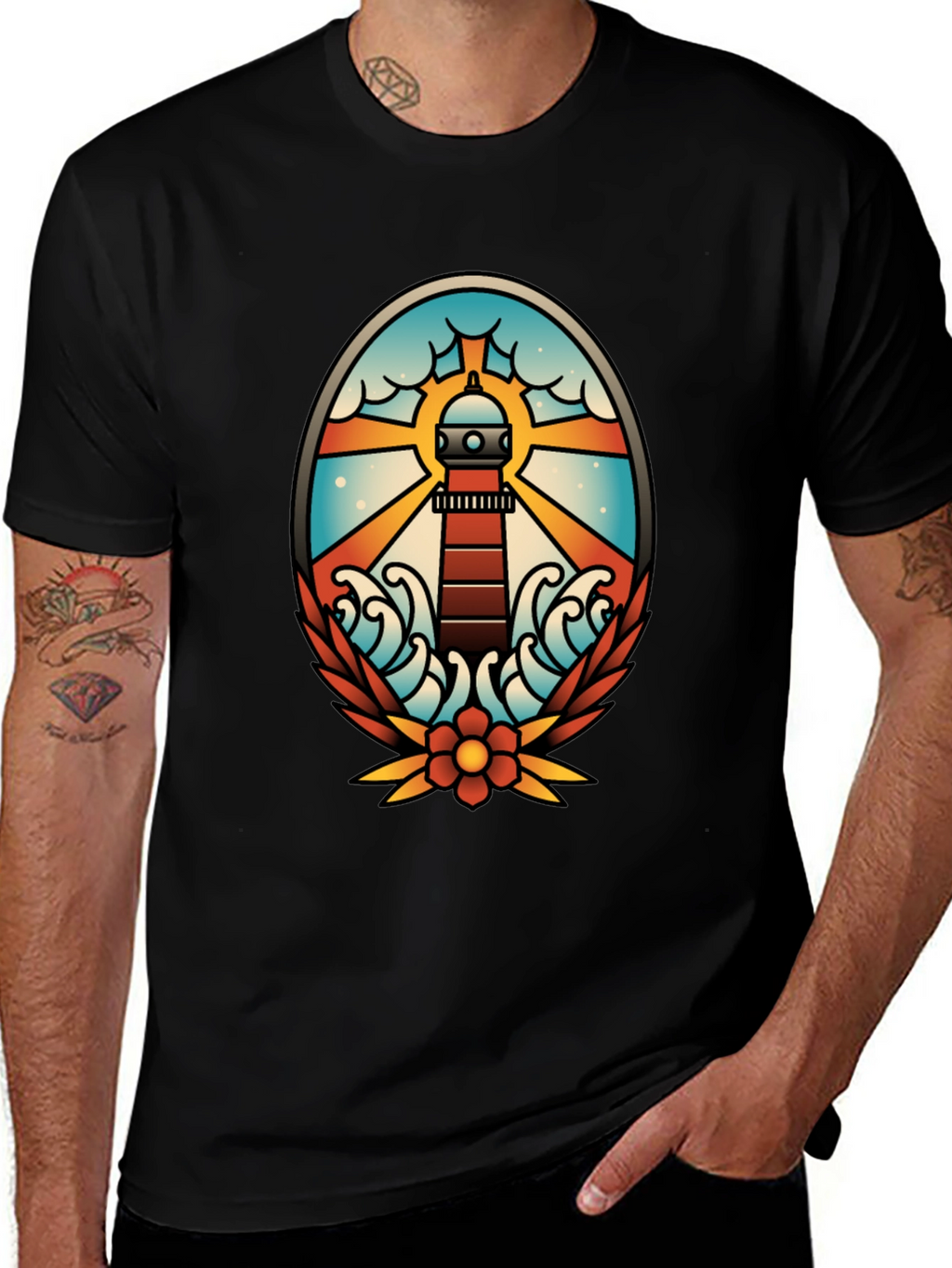 Lighthouse Tattoo Graphic T-Shirt - Black