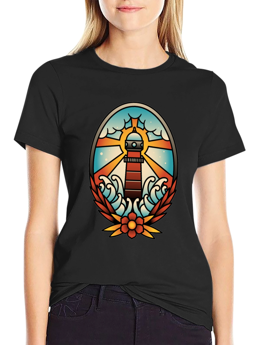 Lighthouse Tattoo Graphic T-Shirt - Black