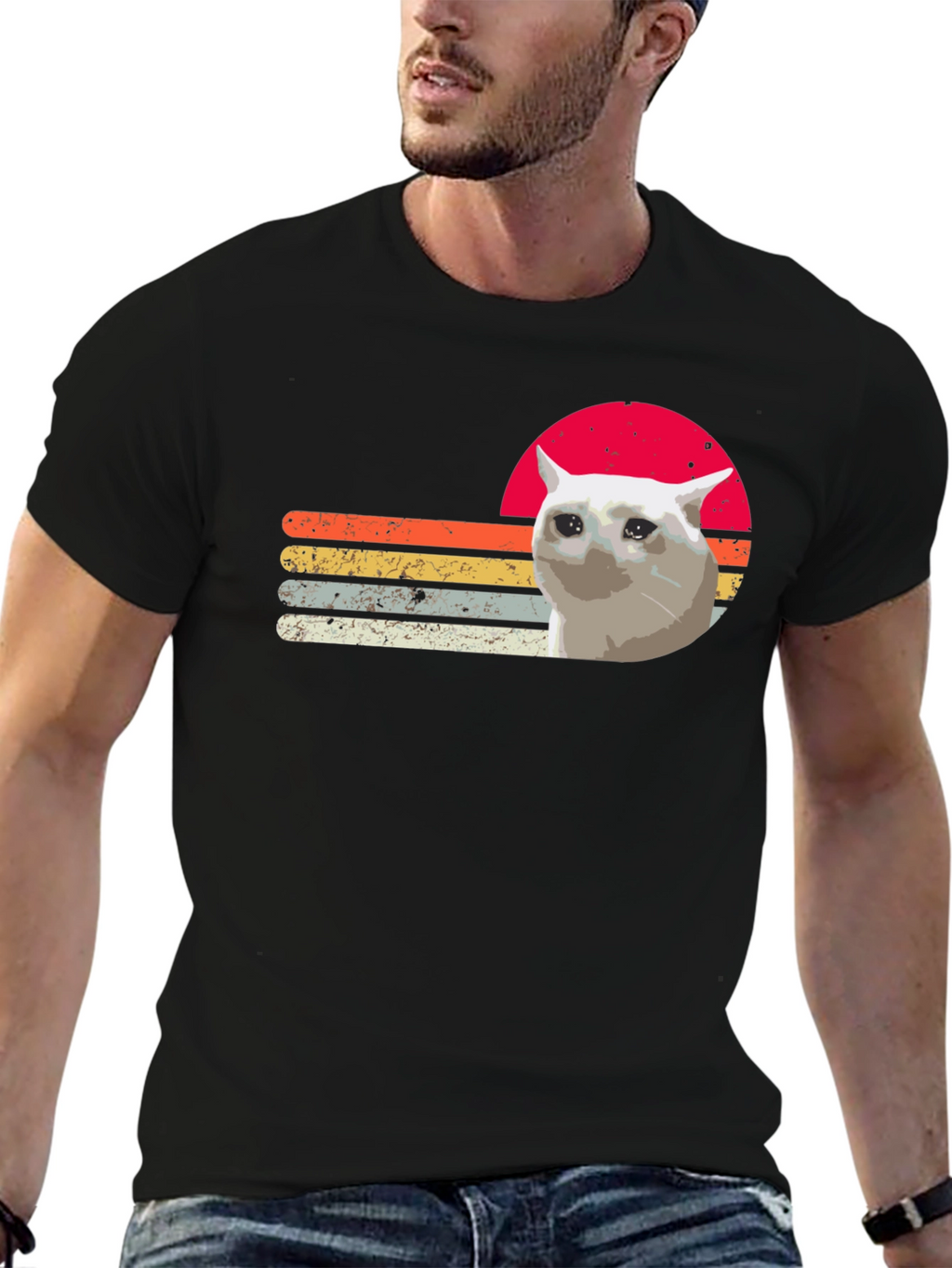 Sad Cat Retro Sunset T-Shirt - Funny Meme Tee