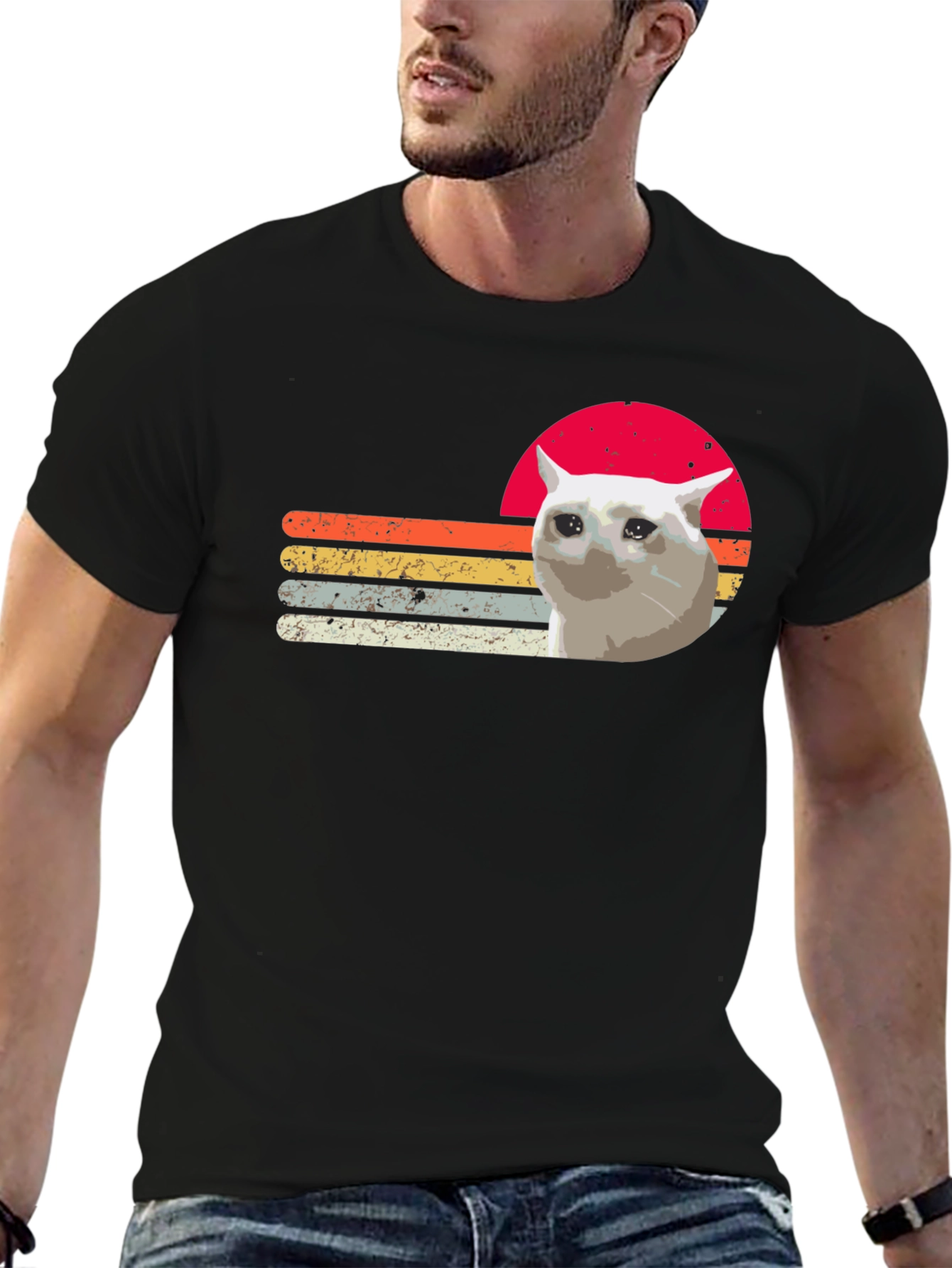 Sad Cat Retro Sunset T-Shirt - Funny Meme Tee