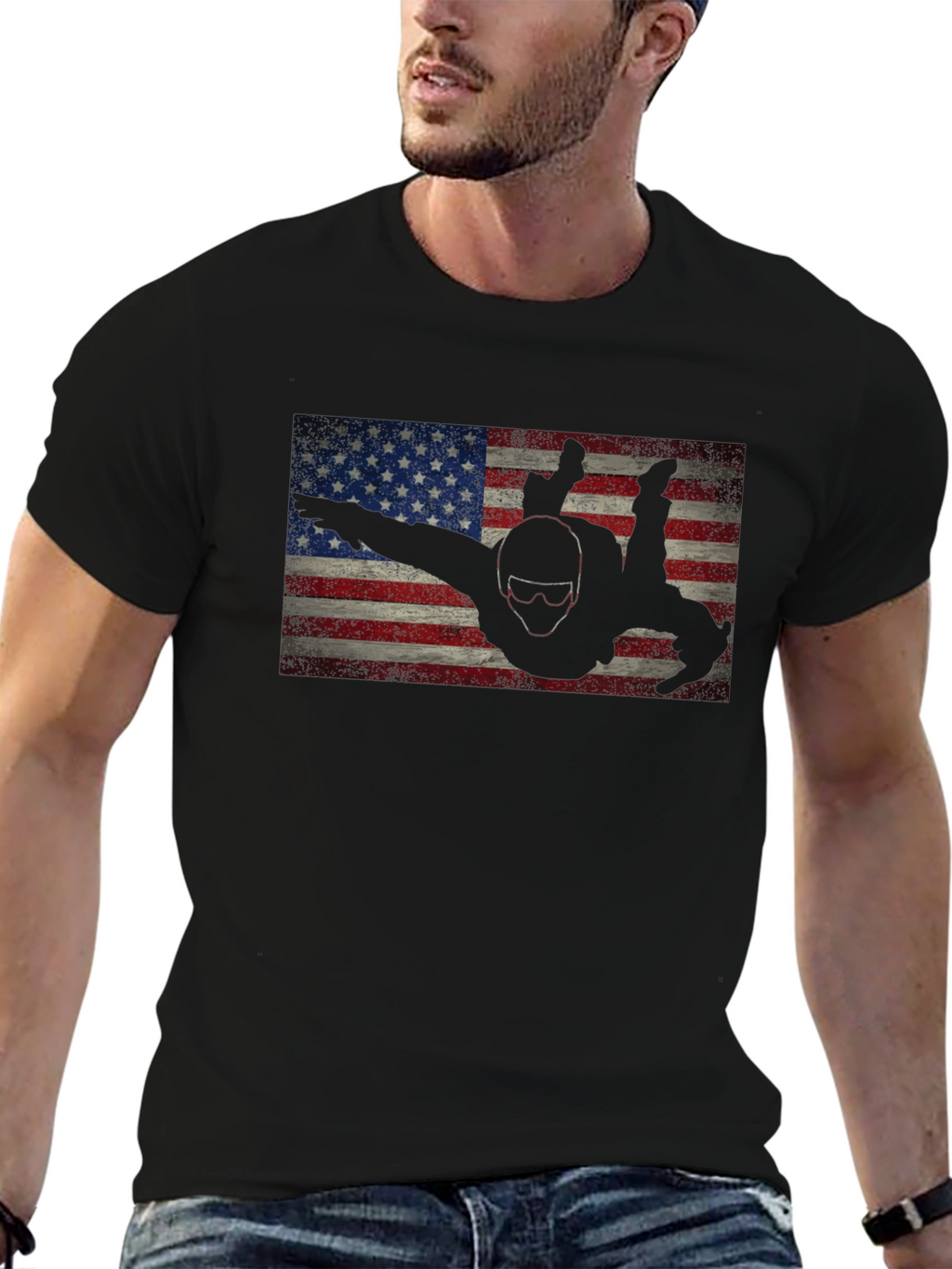 Skydiver American Flag Graphic Tee - Black