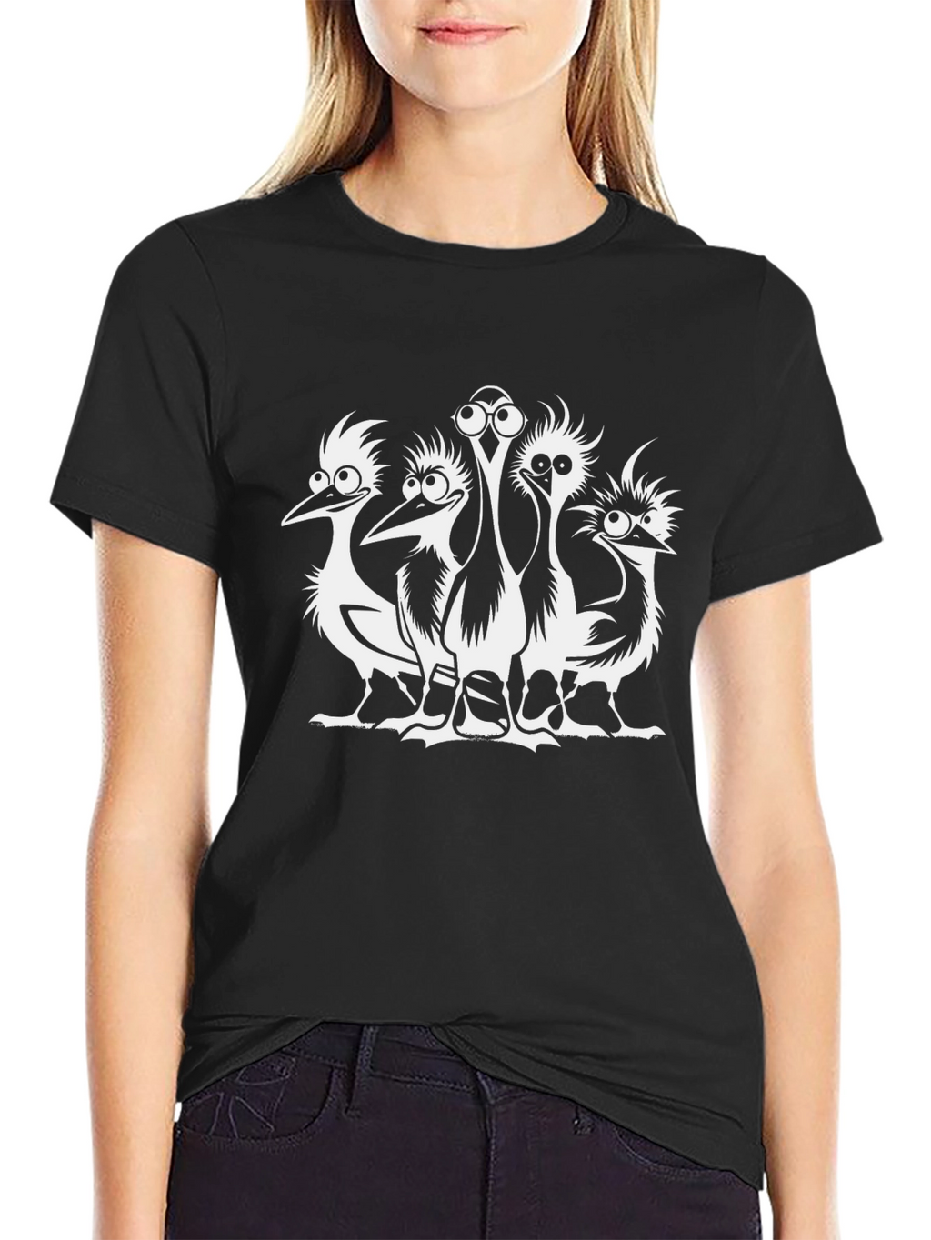 Funny Cartoon Birds Black T-Shirt