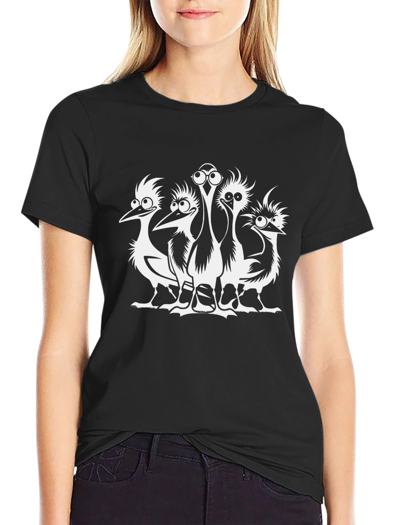 Funny Cartoon Birds Black T-Shirt