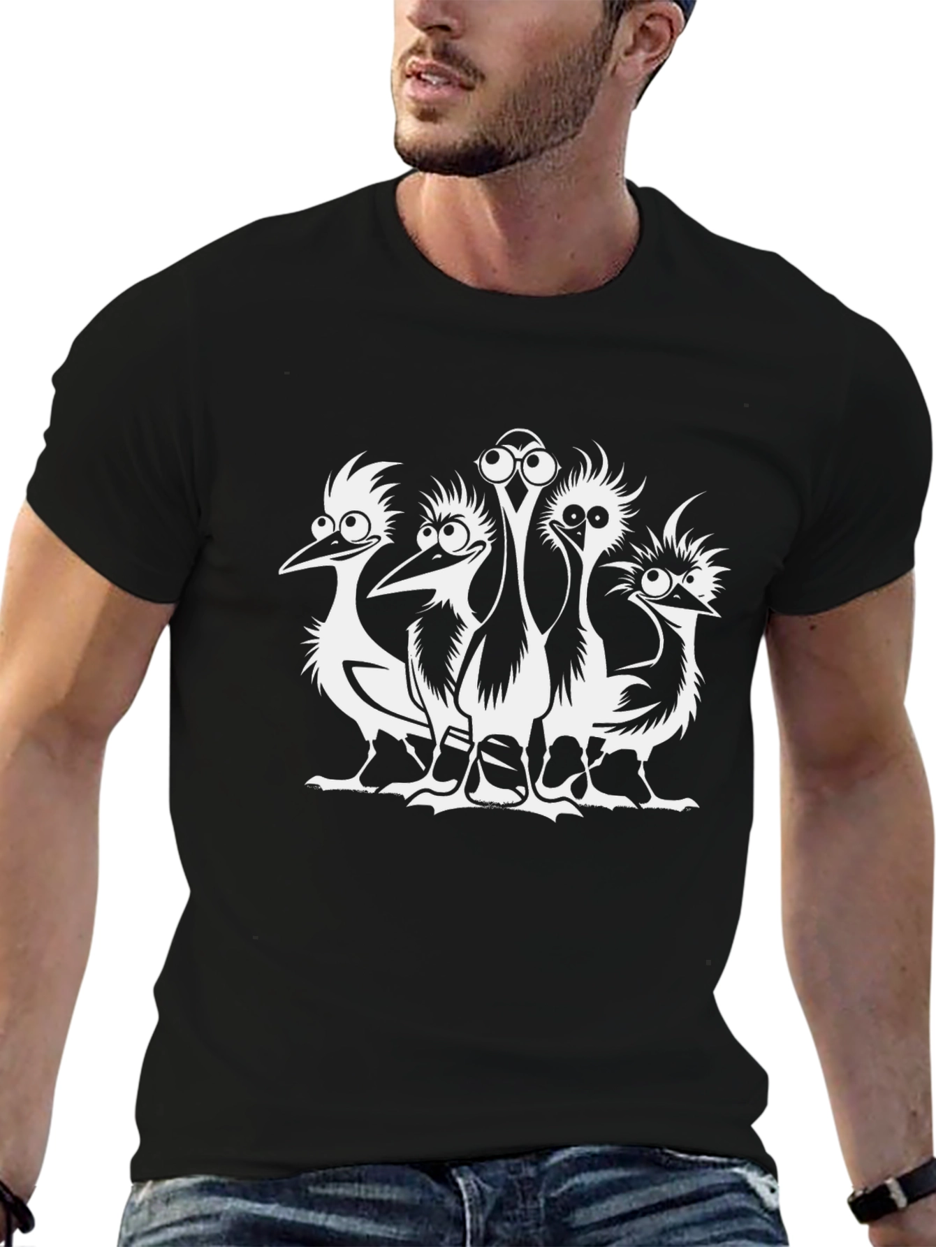 Funny Cartoon Birds Black T-Shirt