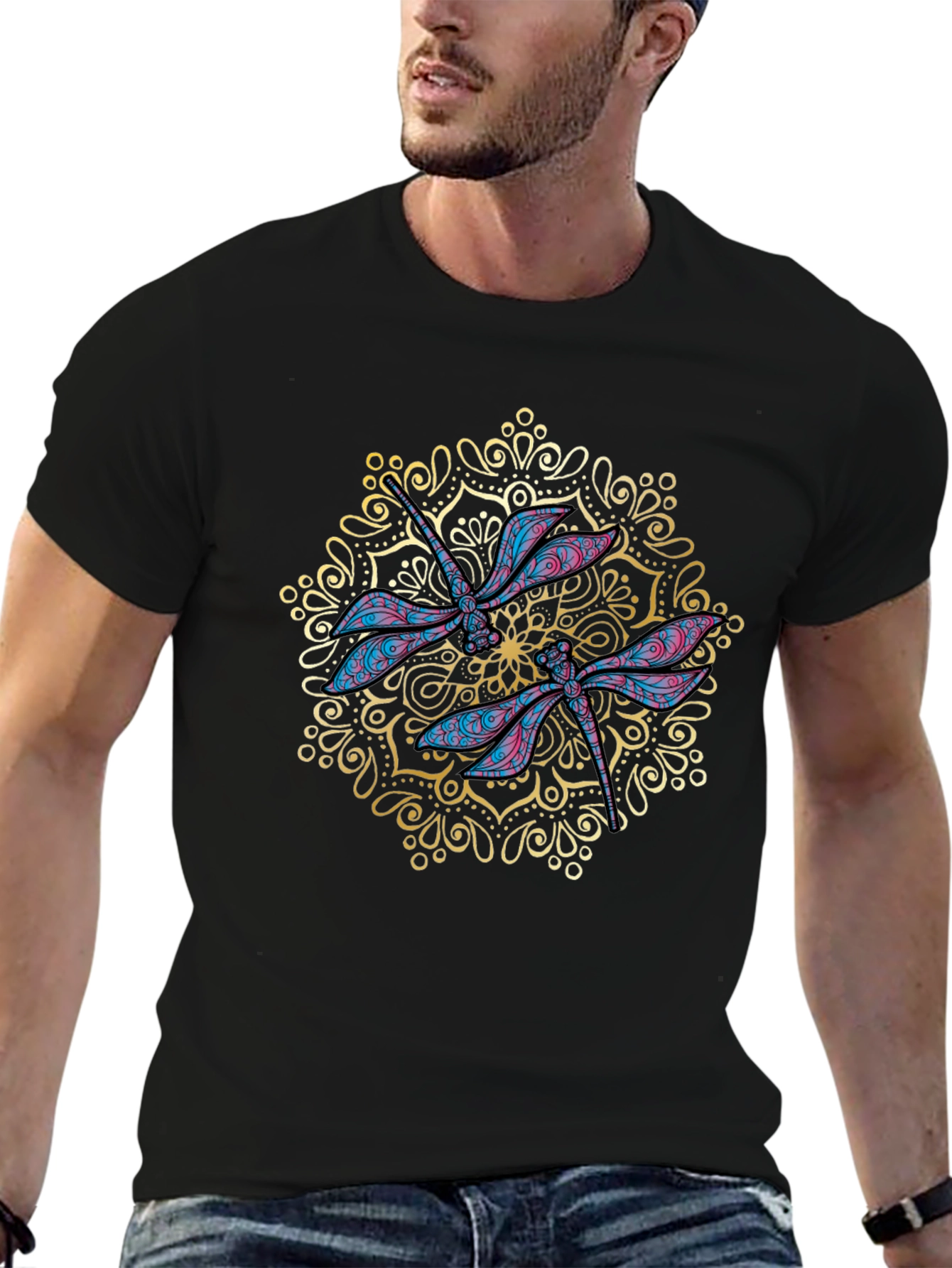 Dragonfly Mandala Graphic Black T-Shirt
