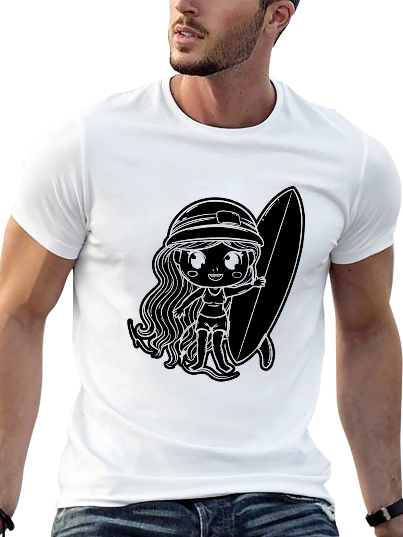 Black T-Shirt with Surfer Girl Graphic