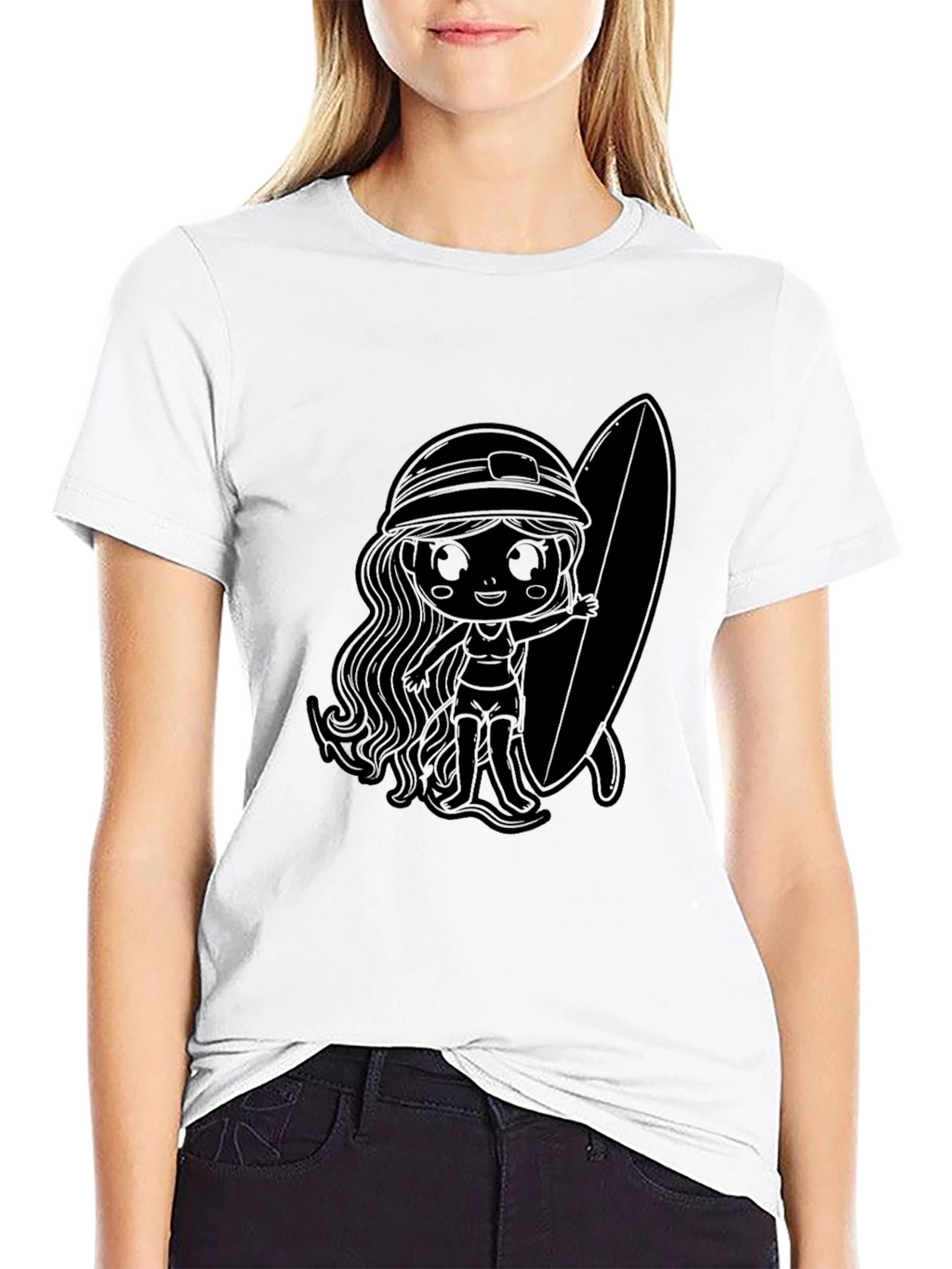 Black T-Shirt with Surfer Girl Graphic