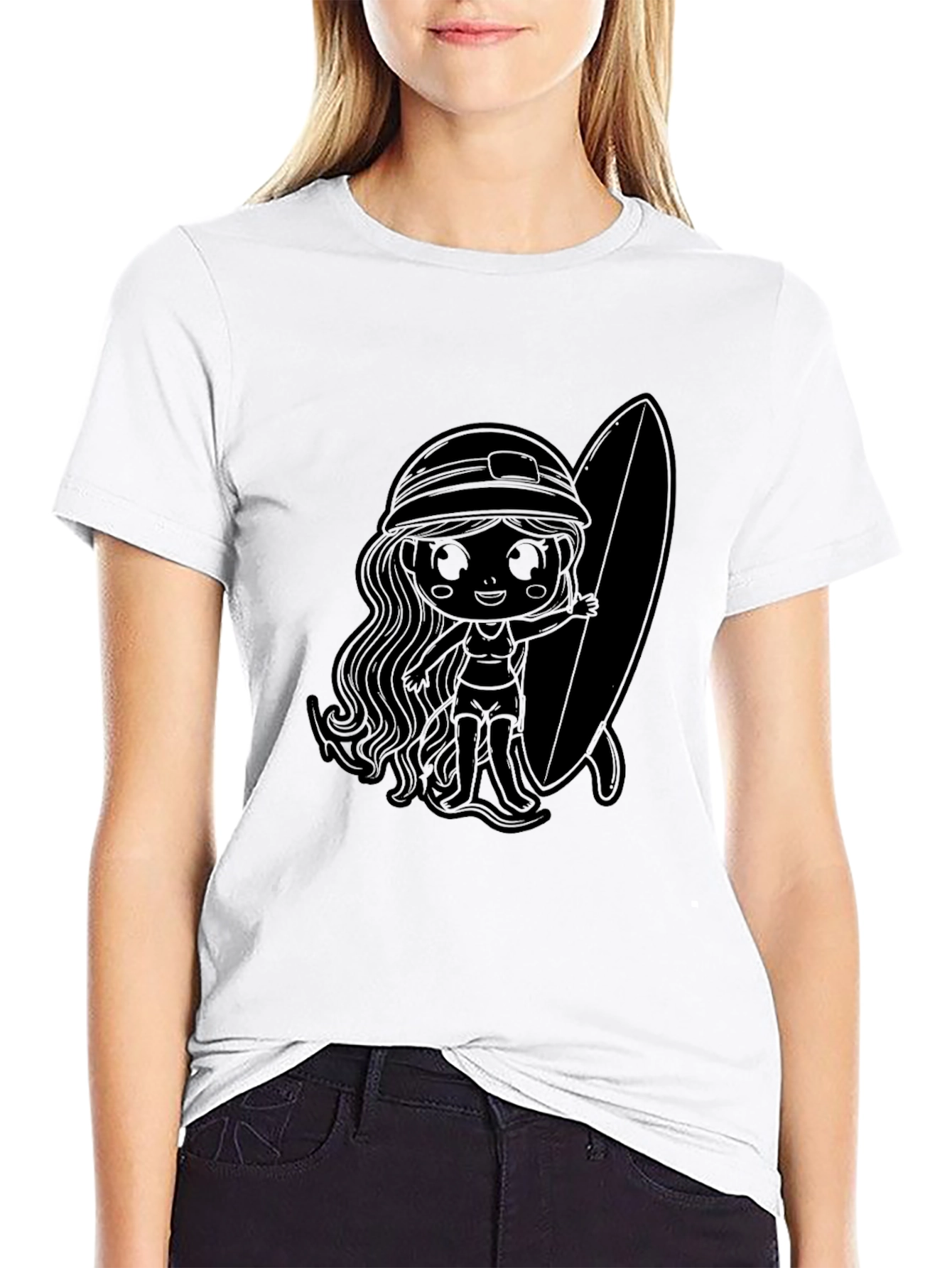 Black T-Shirt with Surfer Girl Graphic