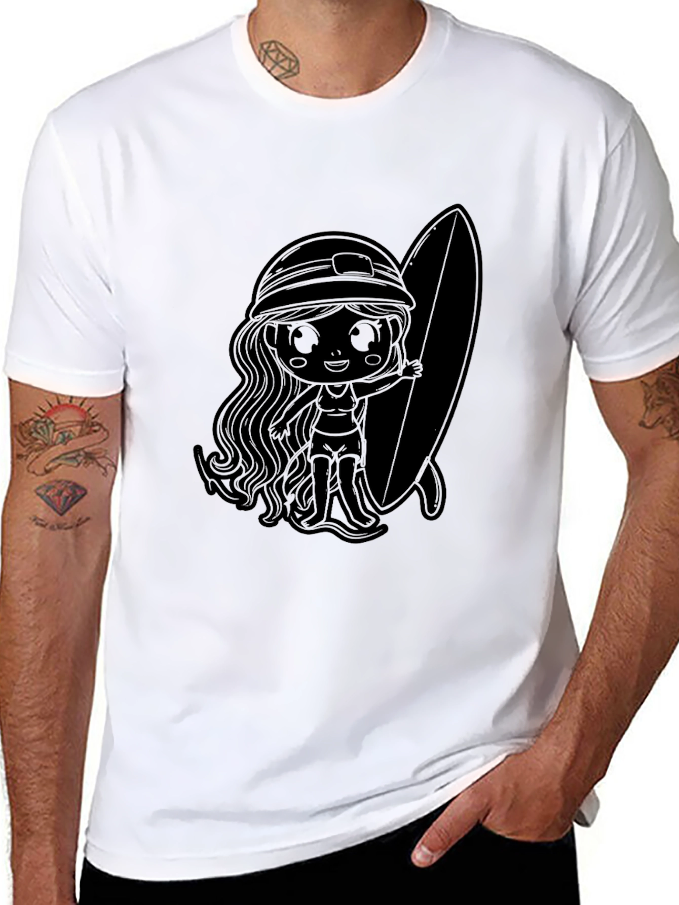 Black T-Shirt with Surfer Girl Graphic