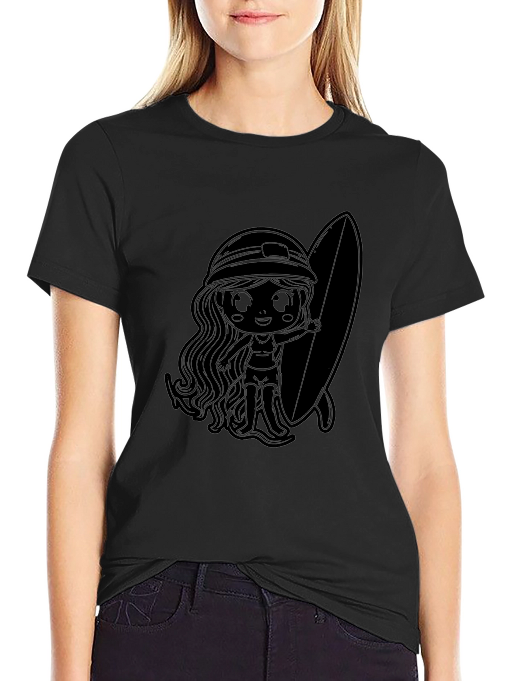 Black T-Shirt with Surfer Girl Graphic