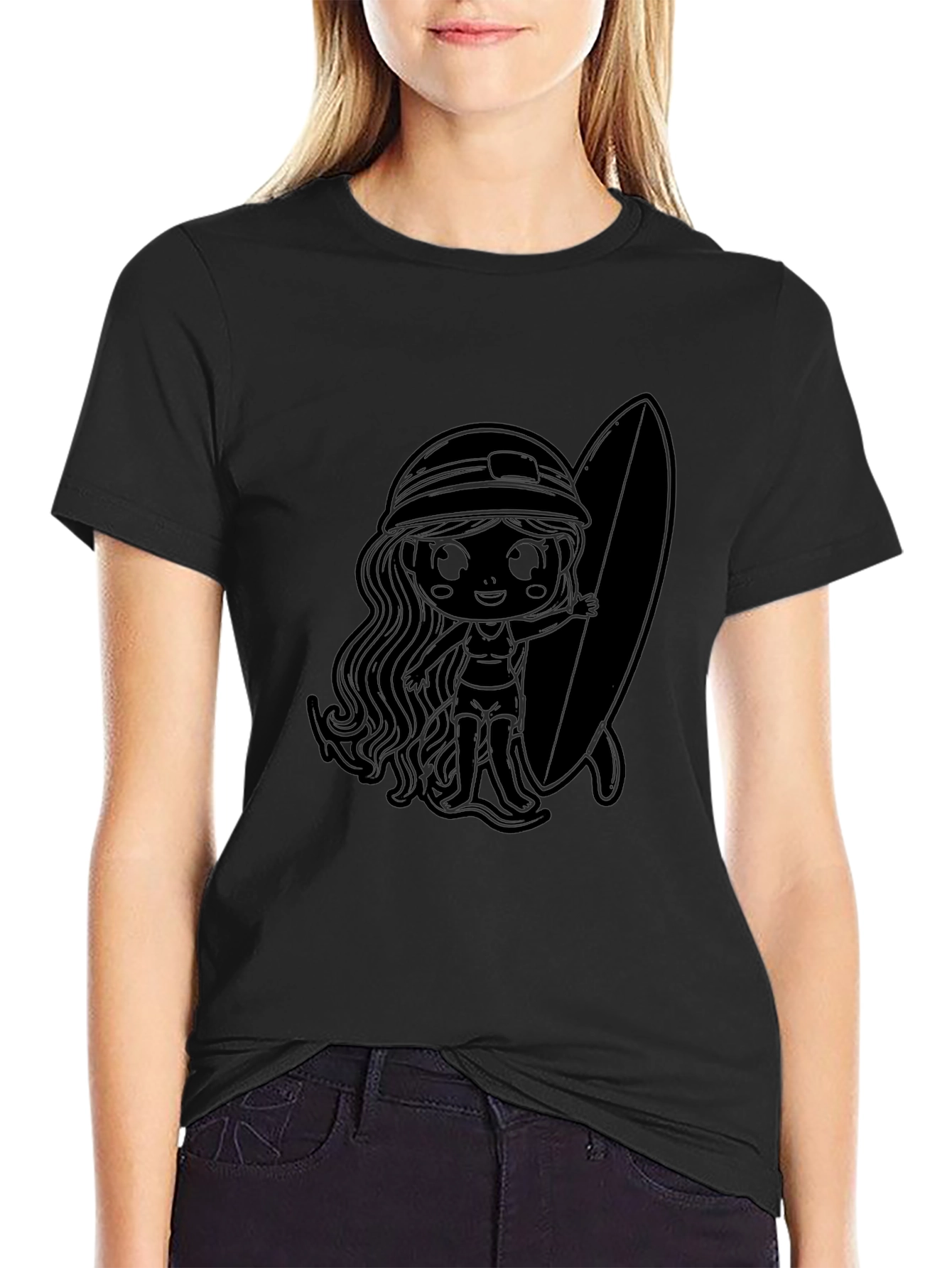Black T-Shirt with Surfer Girl Graphic