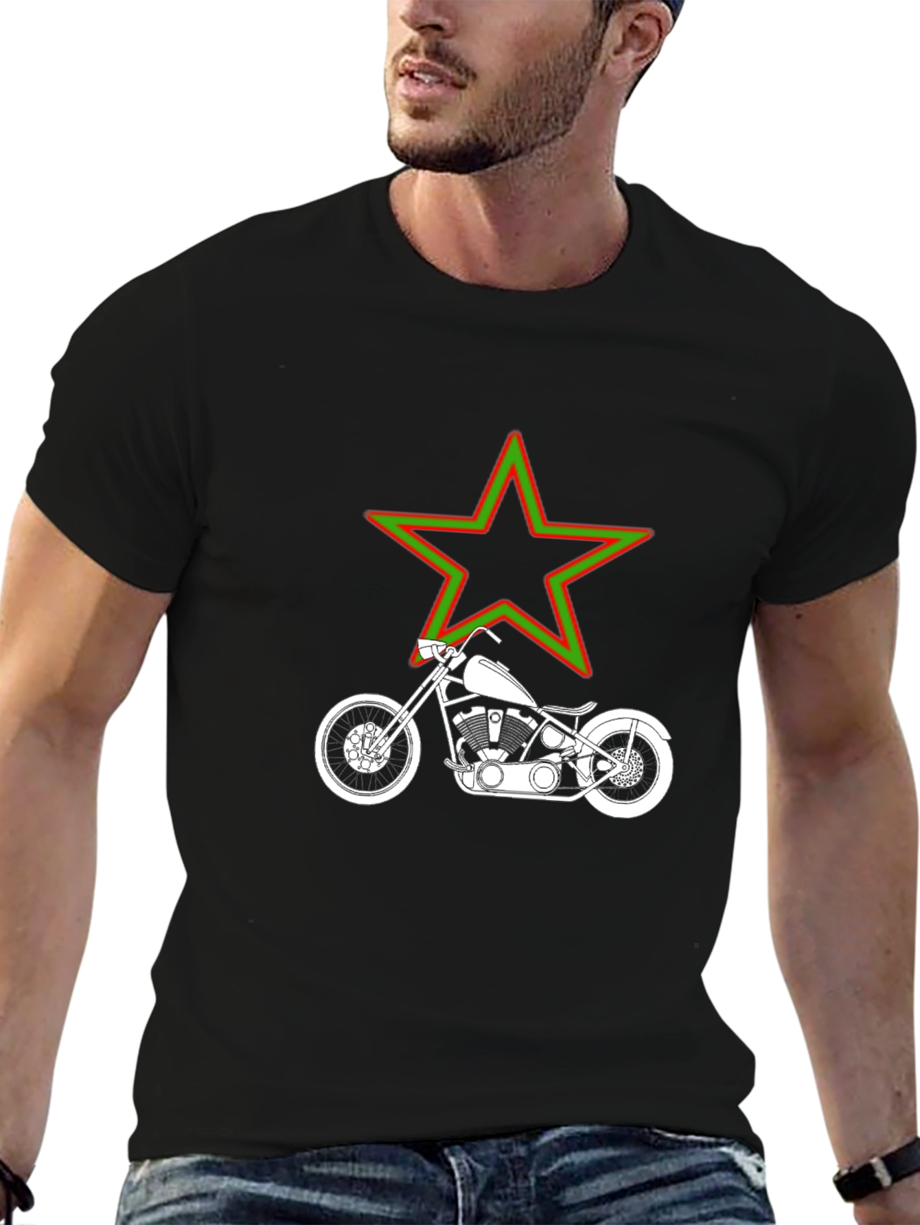 Motorcycle & Star Graphic T-Shirt - Black