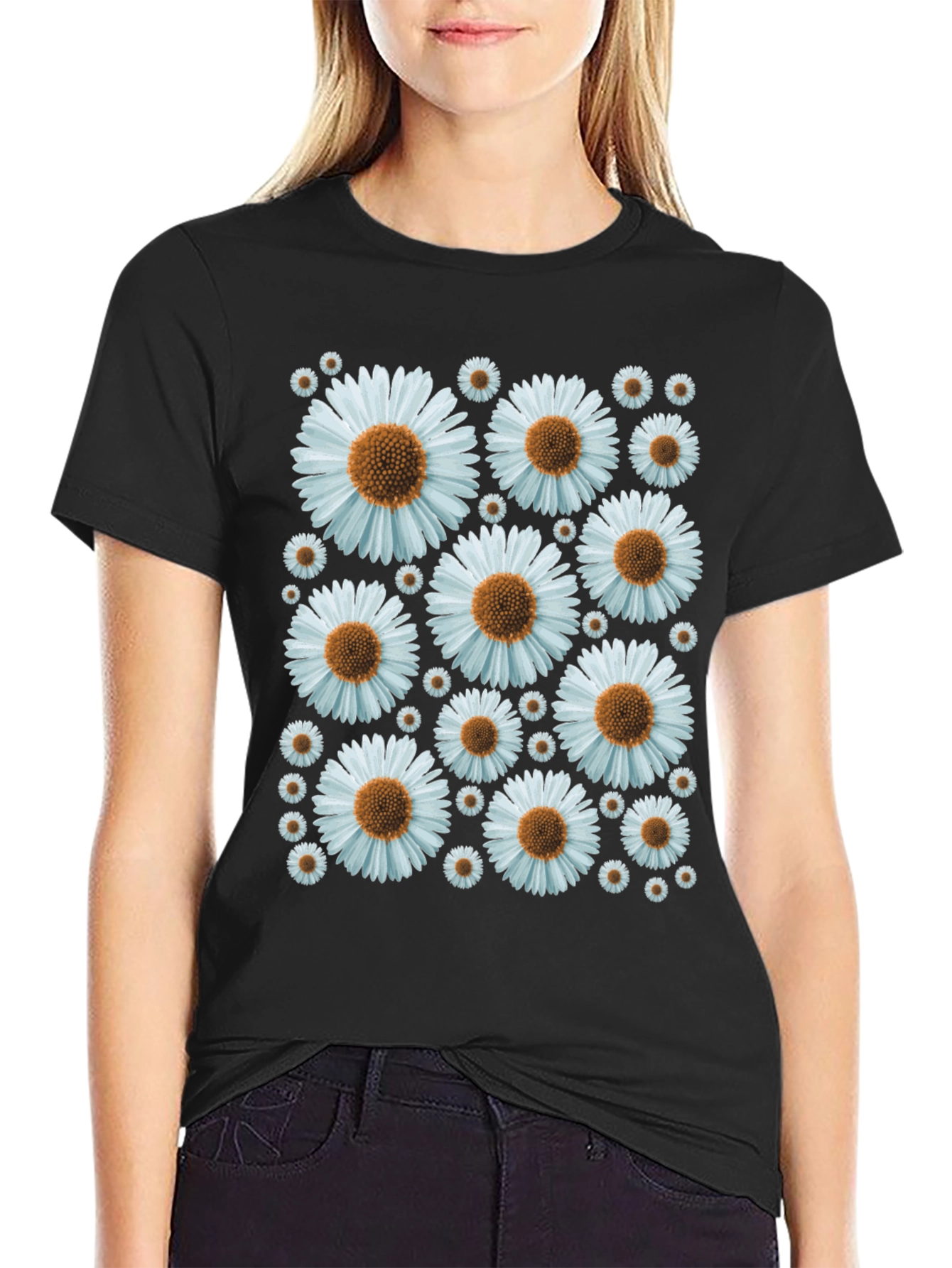 Daisy Pattern Black T-Shirt