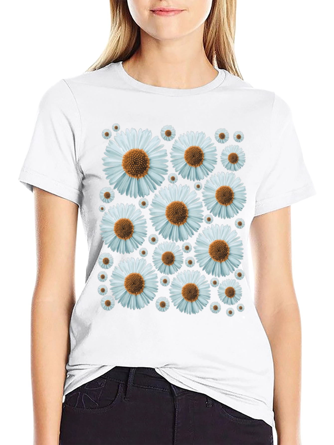 Daisy Pattern Black T-Shirt