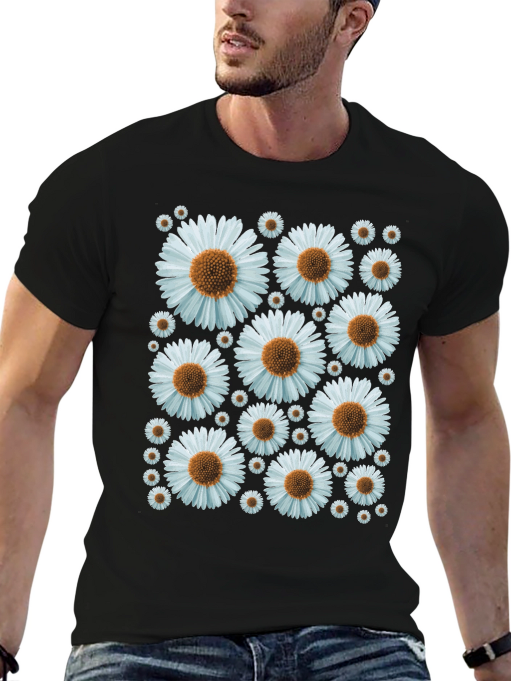 Daisy Pattern Black T-Shirt