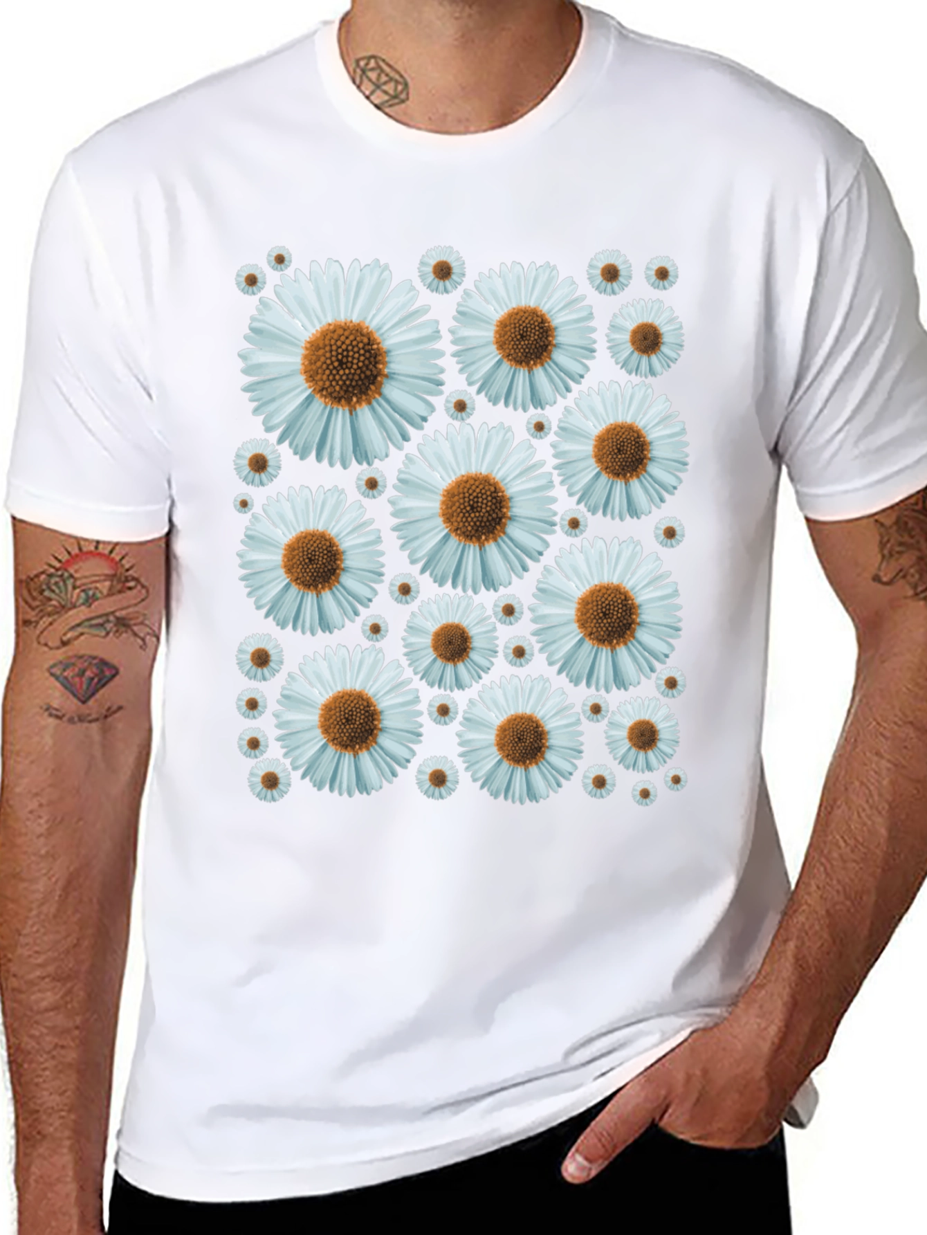 Daisy Pattern Black T-Shirt