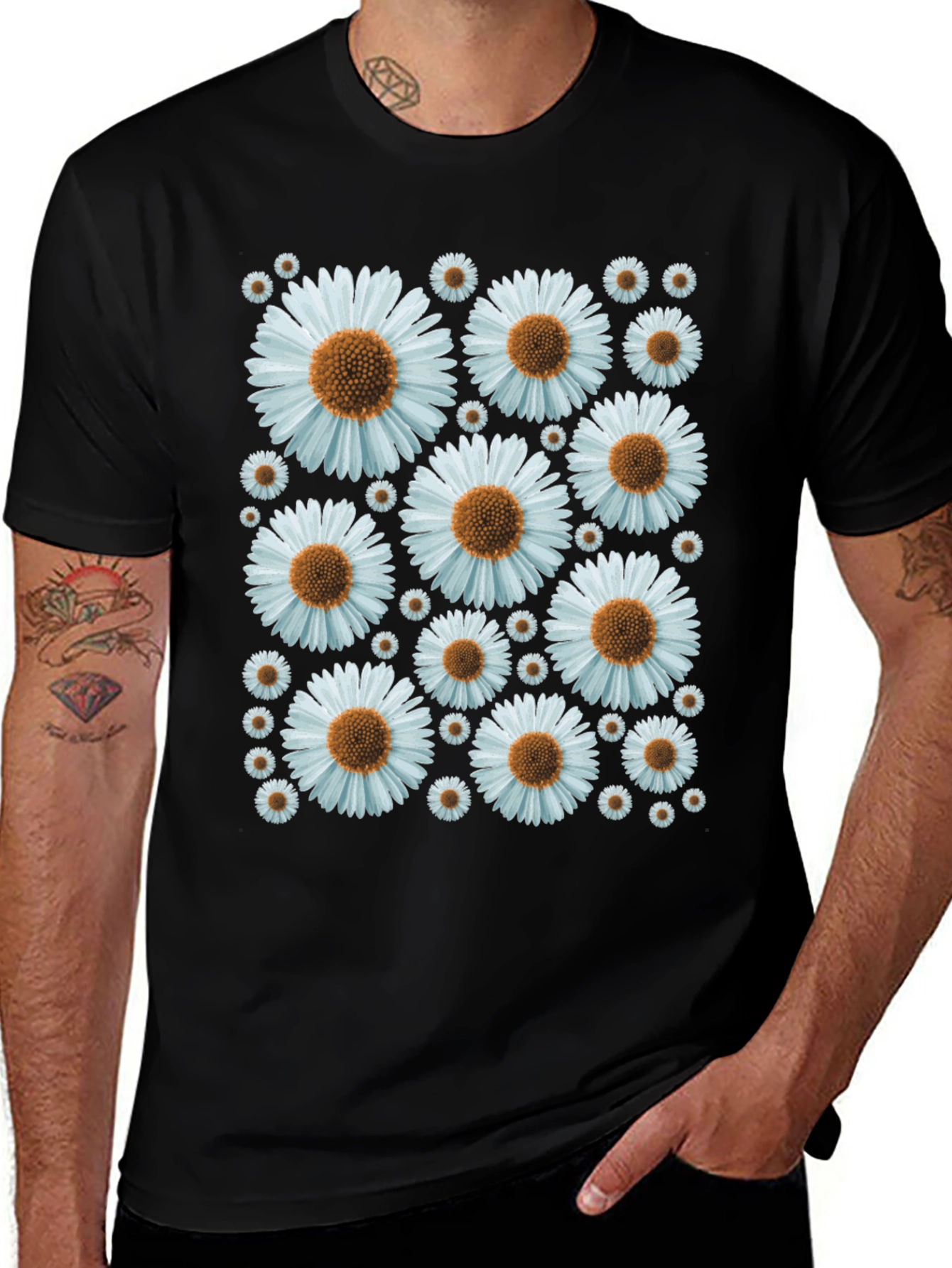 Daisy Pattern Black T-Shirt