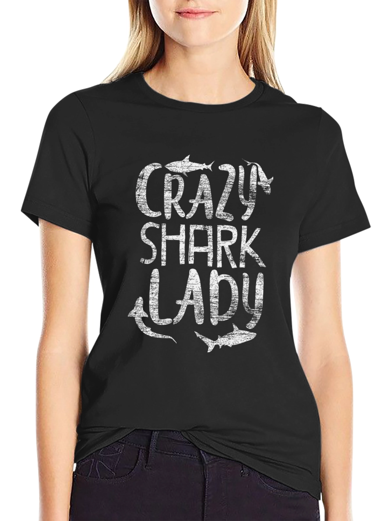 Crazy Shark Lady T-Shirt - Black Cotton Graphic Tee
