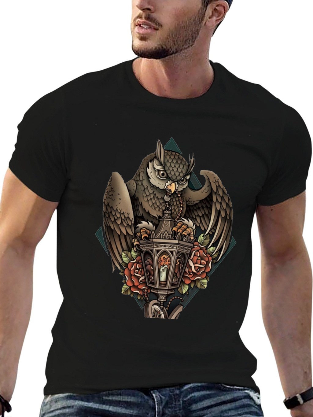 Owl & Lantern Graphic T-Shirt - Unique Bird Design