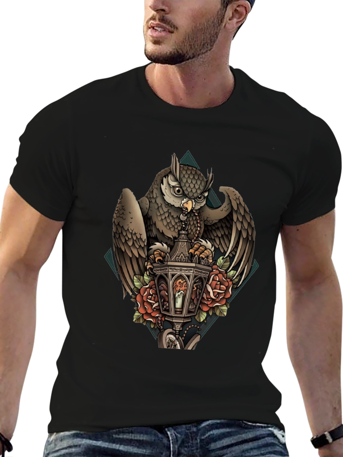 Owl & Lantern Graphic T-Shirt - Unique Bird Design