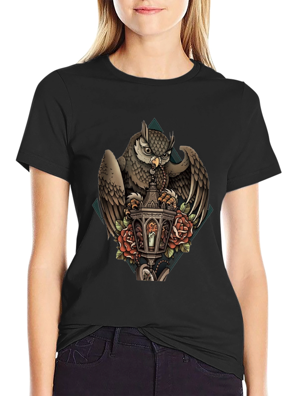 Owl & Lantern Graphic T-Shirt - Unique Bird Design