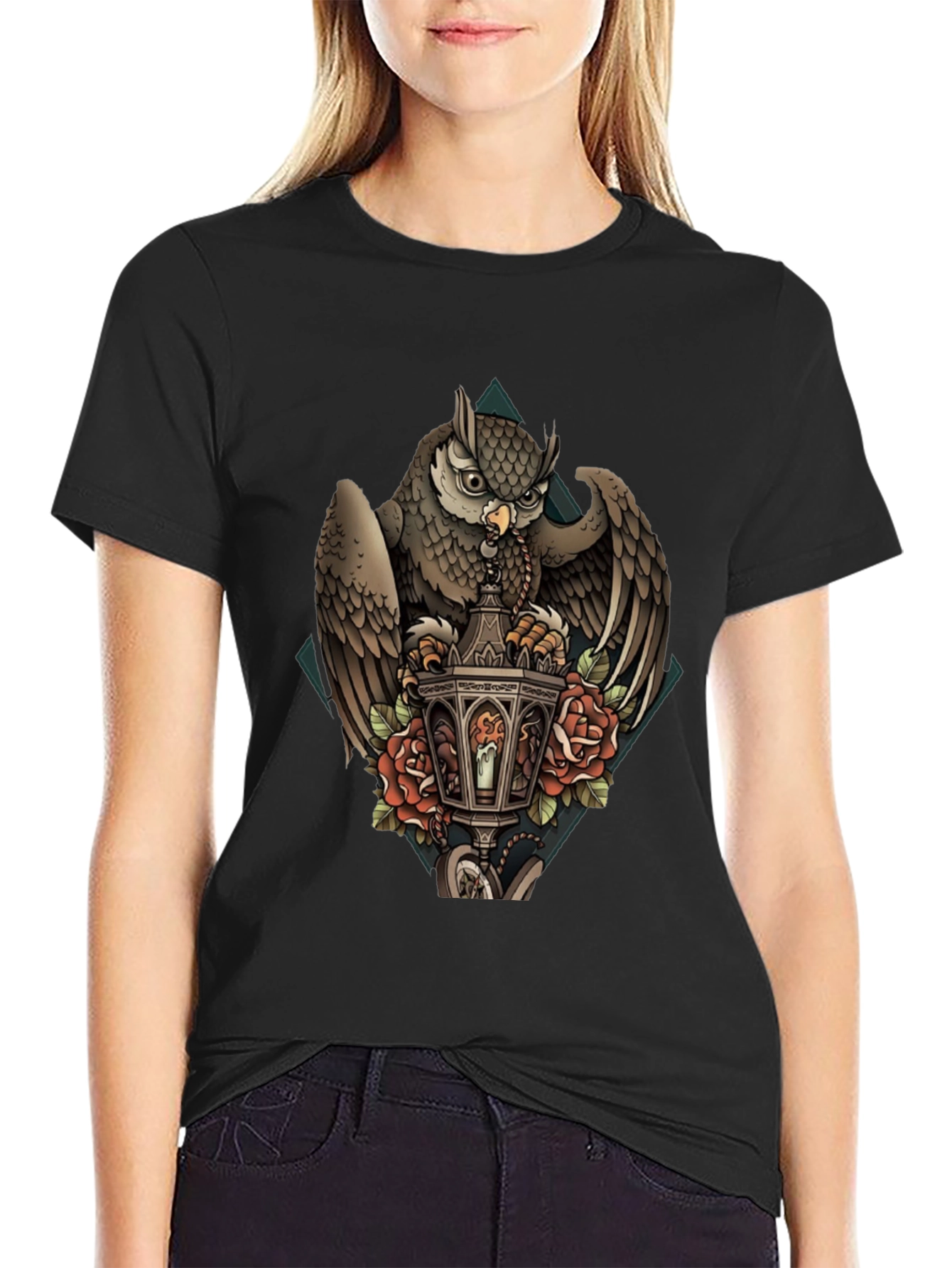 Owl & Lantern Graphic T-Shirt - Unique Bird Design