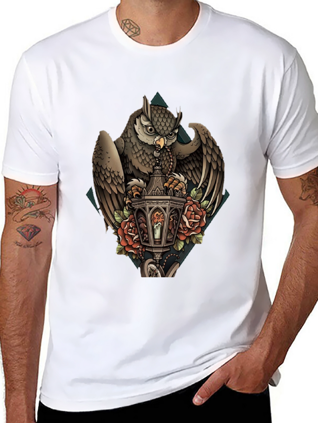 Owl & Lantern Graphic T-Shirt - Unique Bird Design